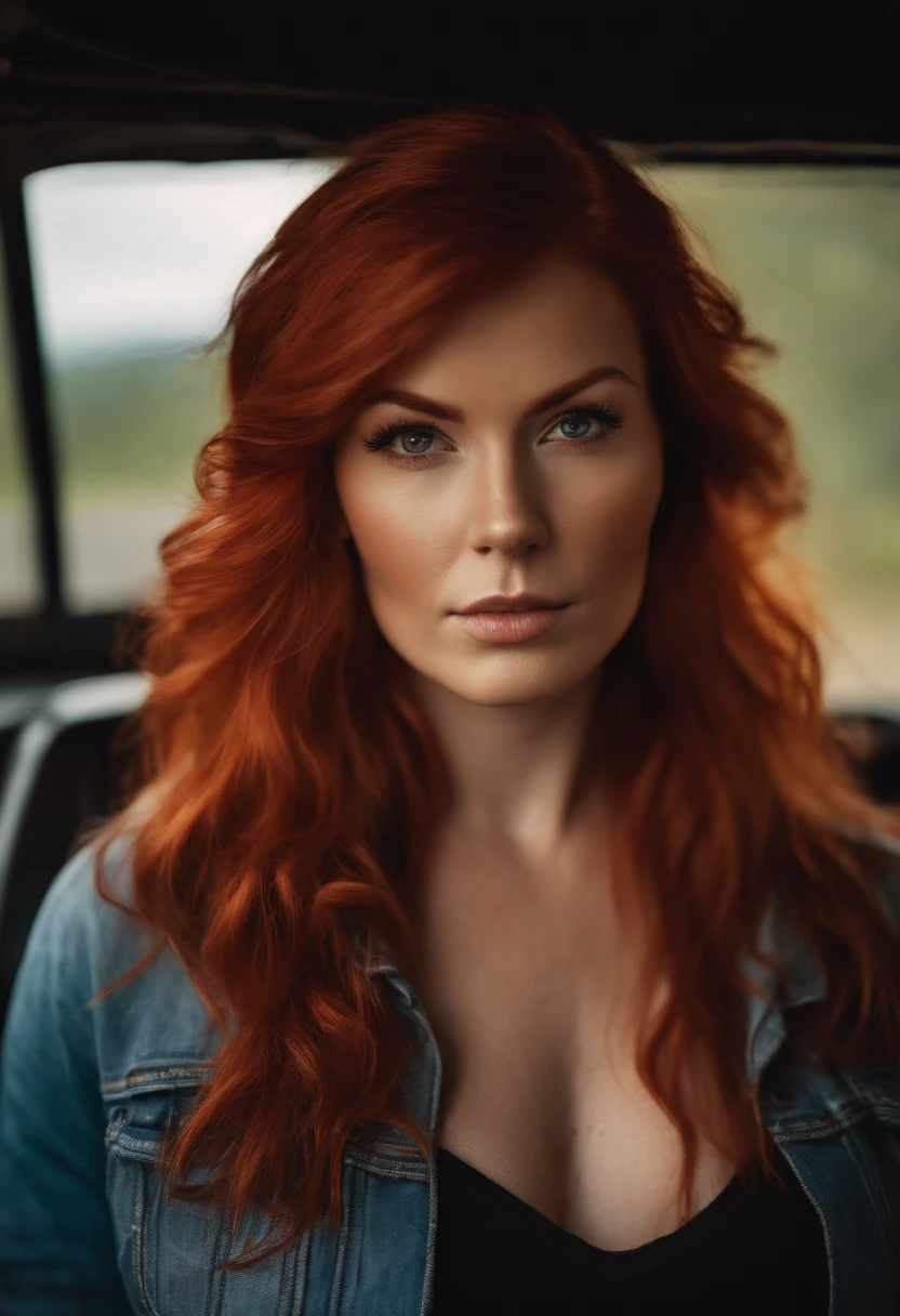 trucker woman red hair looing in the camera frontal
