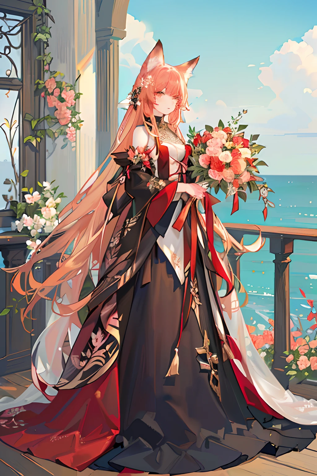 Red long-haired，Red fox ears，Golden eyes，wedding gown，flower bouquet，blossoms，flower  sea，Stroll through the flower fields