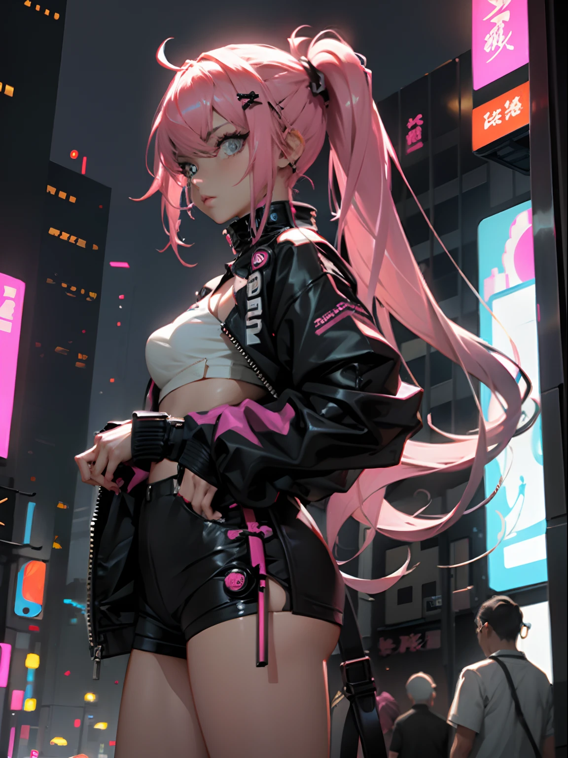 Beautiful woman pink twin tail long hair、cyberpunk style short clothes、
