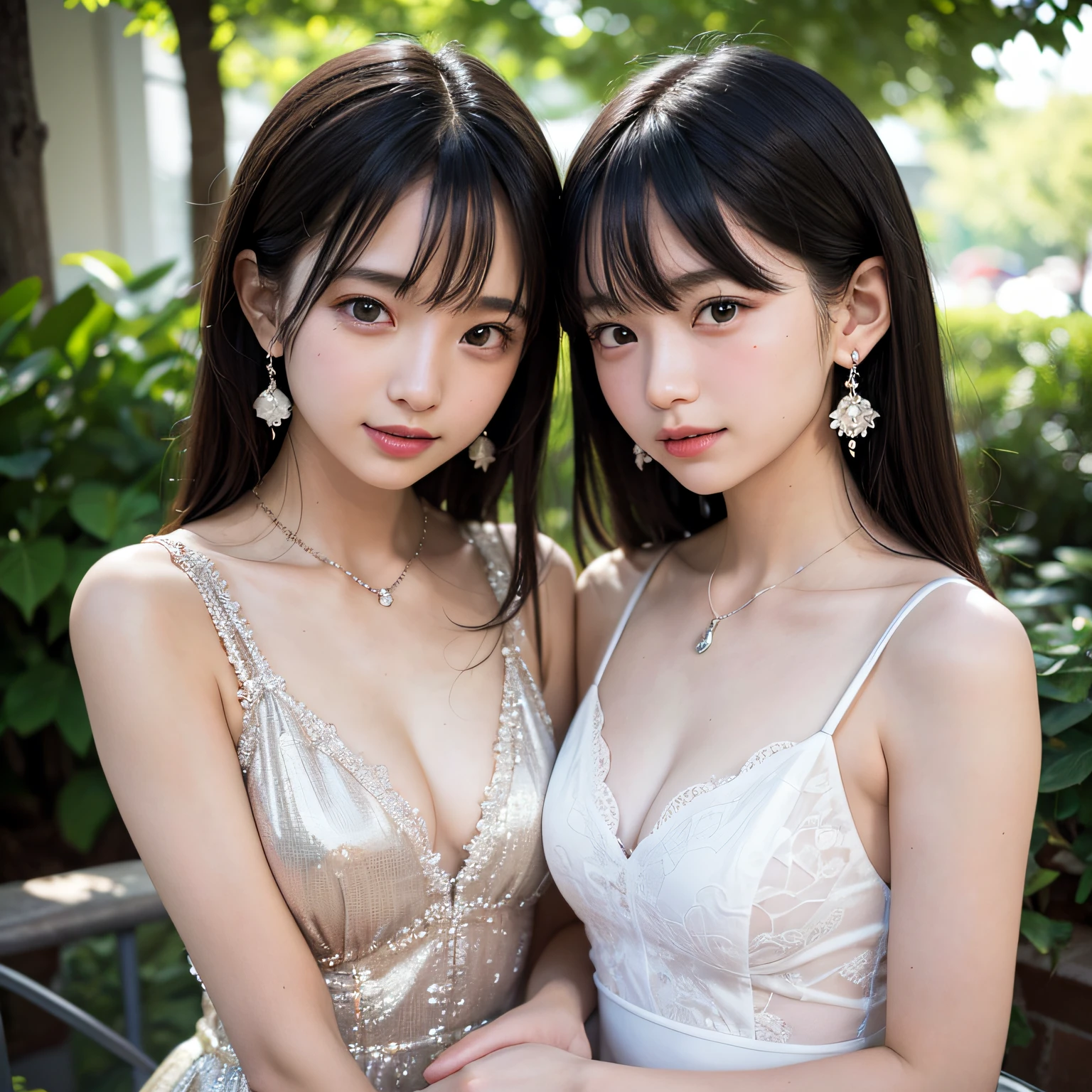 2 girls in、twin-tail hair,masutepiece, Best Quality, 8K, 15yo student, Teen, Raw photo, absurderes, award winning portrait, Smile, botanical garden, neons, Idol face, violaceaess, gardeniass, Delicate girl, Upper body, Digital SLR, Looking at Viewer, Candid, Sophisticated, zora々Right, Thin arms, Professional Lighting, Film grain, chromatic abberation, (Eyes and faces with detailed:1.0), (Bokeh:1.1),Luxurious dresses、intricate lace、intricate hair ornament、Complex earrings、Complex necklaces、Beautiful breasts、