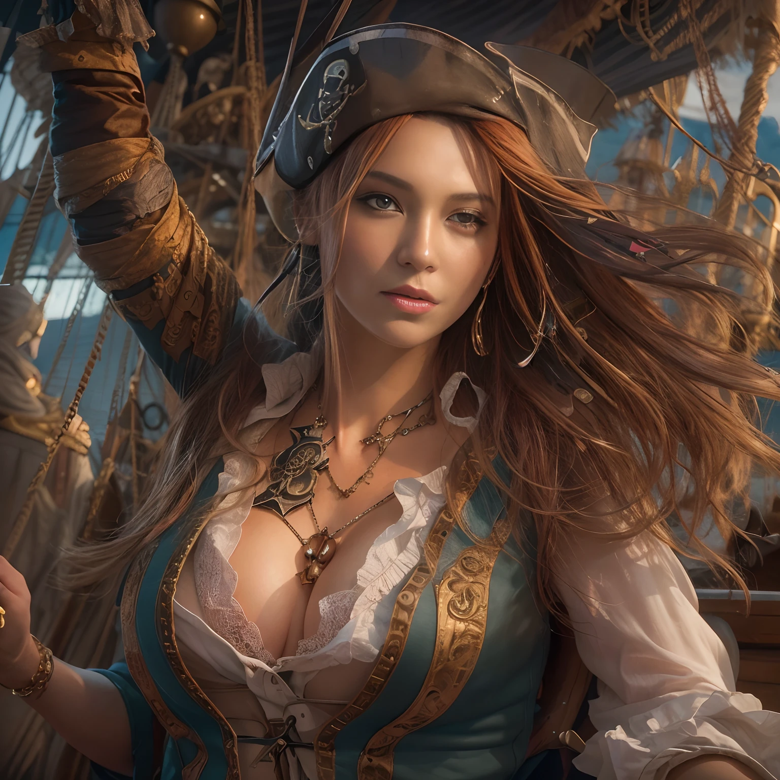  masterpiece, Daniel van de Donk, full body potrait of a photorealistic beautiful woman, (On board a pirate ship:1.50), intense coloration fantasy, hair light, a stunning realistic photograph 20 years , random colored hair,  (Several female pirates dancing together:1.3), random color eyes, full - body, cover, hyper detailed painting, luminism, Octane Render, Bar lighting,  Complex, 8k resolution concept art portrait by Martina Fačková and Prywinko Art, artgerm, WLOP, Alphonse Mucha, Tony Taka, fractal isometric details, photorealistic face, hypereallistic cover photo awesome full color, hand-drawn, Bright, gritty, True-to-life color scheme, davinci, .12k, Intricate. hit definition , Beethoven, Cinematic,Rough sketch, mix of bold dark lines and loose lines, bold lines, on paper , real life human