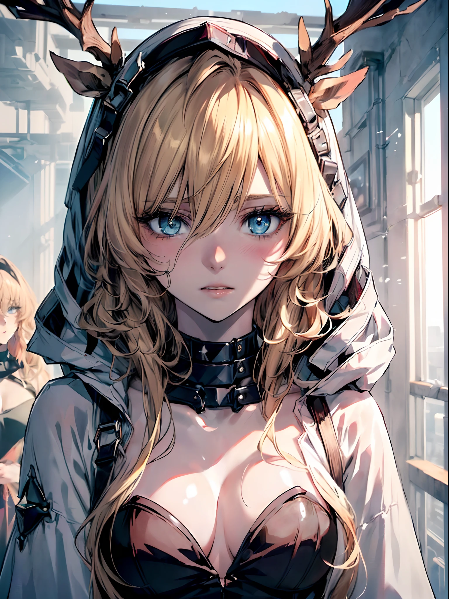 (best quality, pale skin, (facial and eye details:1.2), 1 girl, extremely exquisite and beautiful girl, pale golden, wavy long hair, blue eyes, cold nose, (slightly childish appearance), (breathtakingly beautiful), curly hair, sci-fi, agony, suffering, despair, death, time)