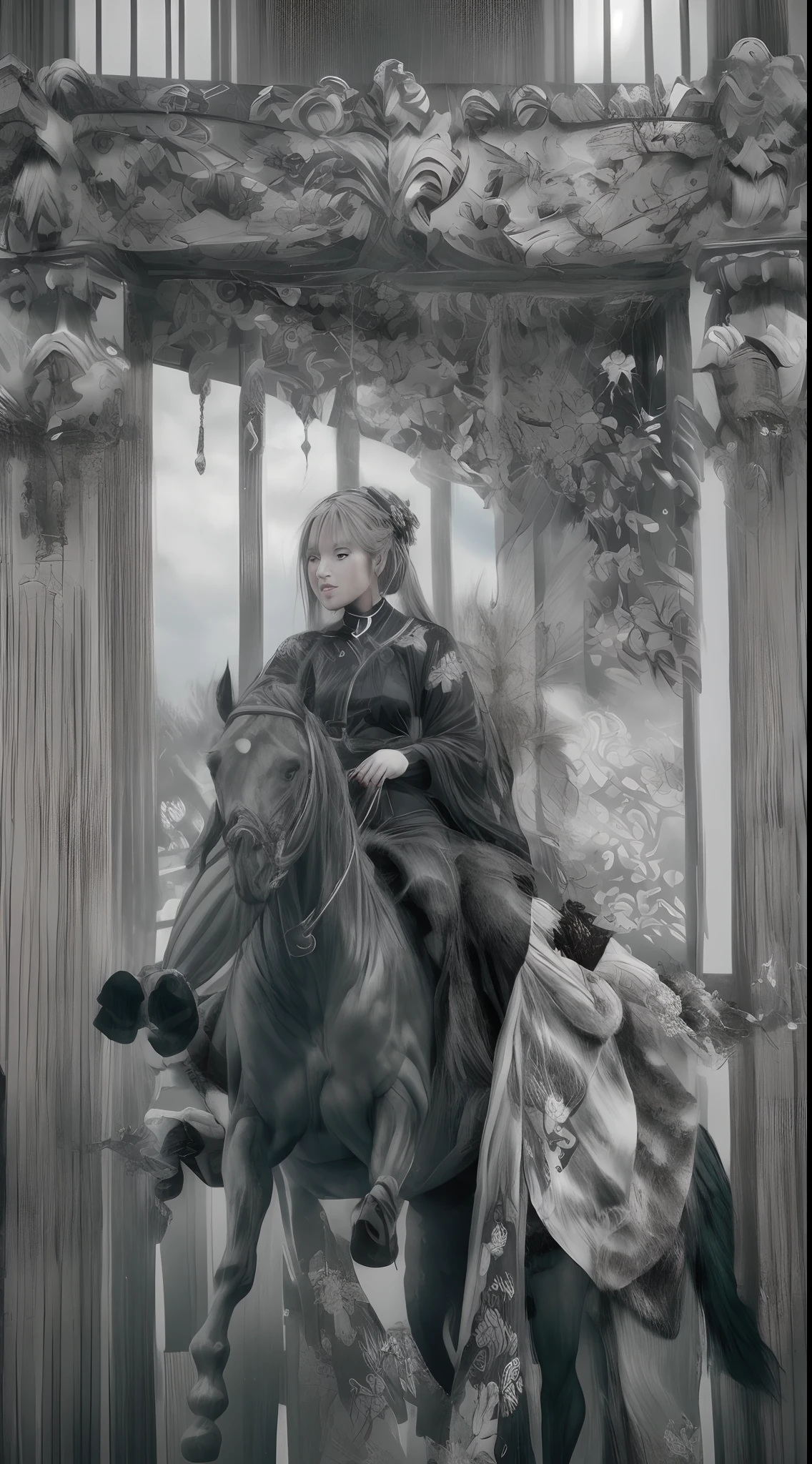 (Best quality,4K,A high resolution,Masterpiece:1.2), Ultra-detailed, Realistic, Black and white hanfu with black embroidery, Elegant white ponytail, long and flowing hair, White mask, A mask fluttering in the wind, Fringed Hair Ornament, Peony flower, Ancient style, oversized sleeves, Dynamic posing, Dramatic composition, Falling petals, red waistband, intricate background, Ancient architecture, A thin mist and thick clouds, Swirling clouds, Cinematic lighting, Complex feather background.