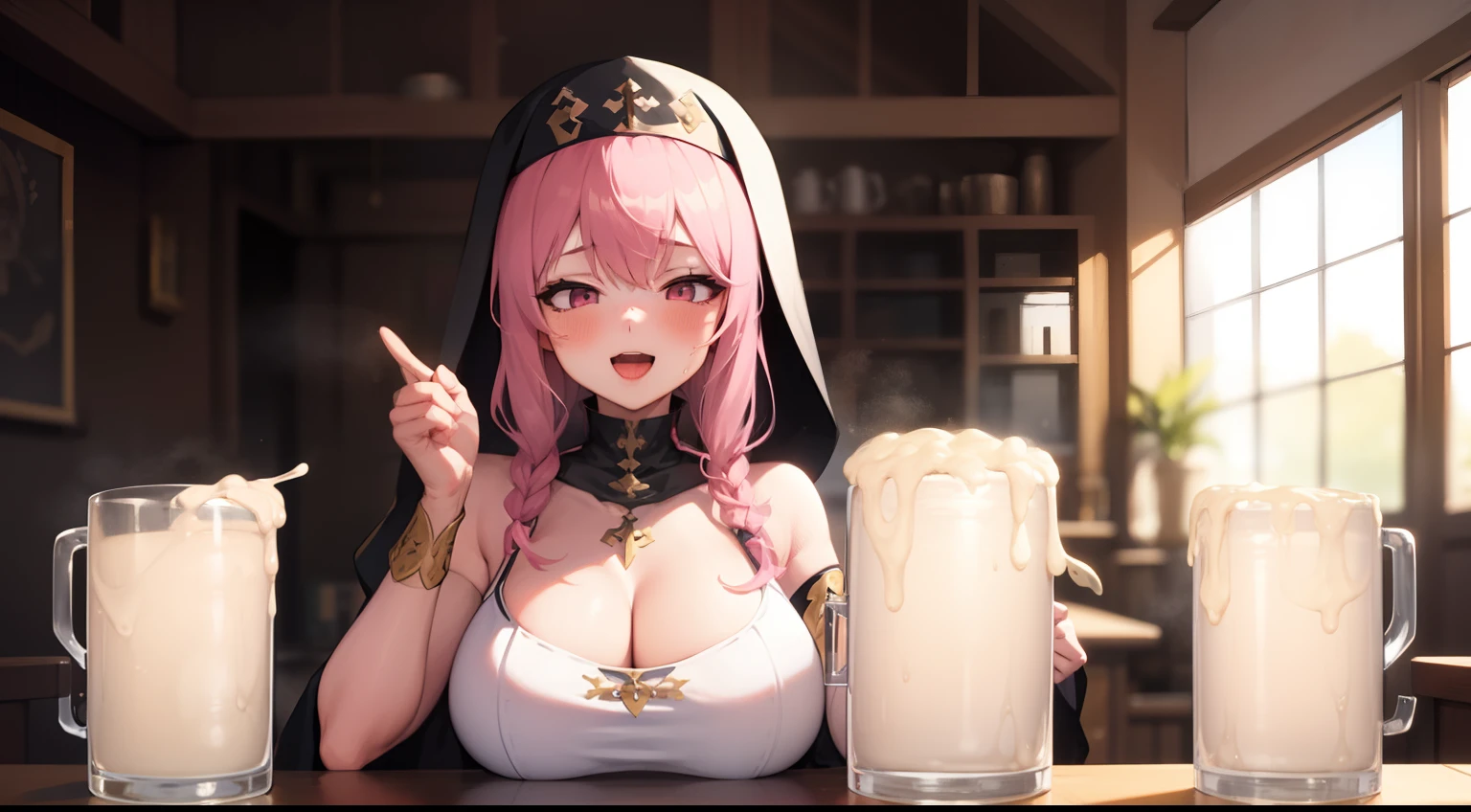 1girl,nun,pink eyes, breasts ,cum mug,Gokkun,Traven,fantasy,drunk,happy,indoor,holding mug,upper body