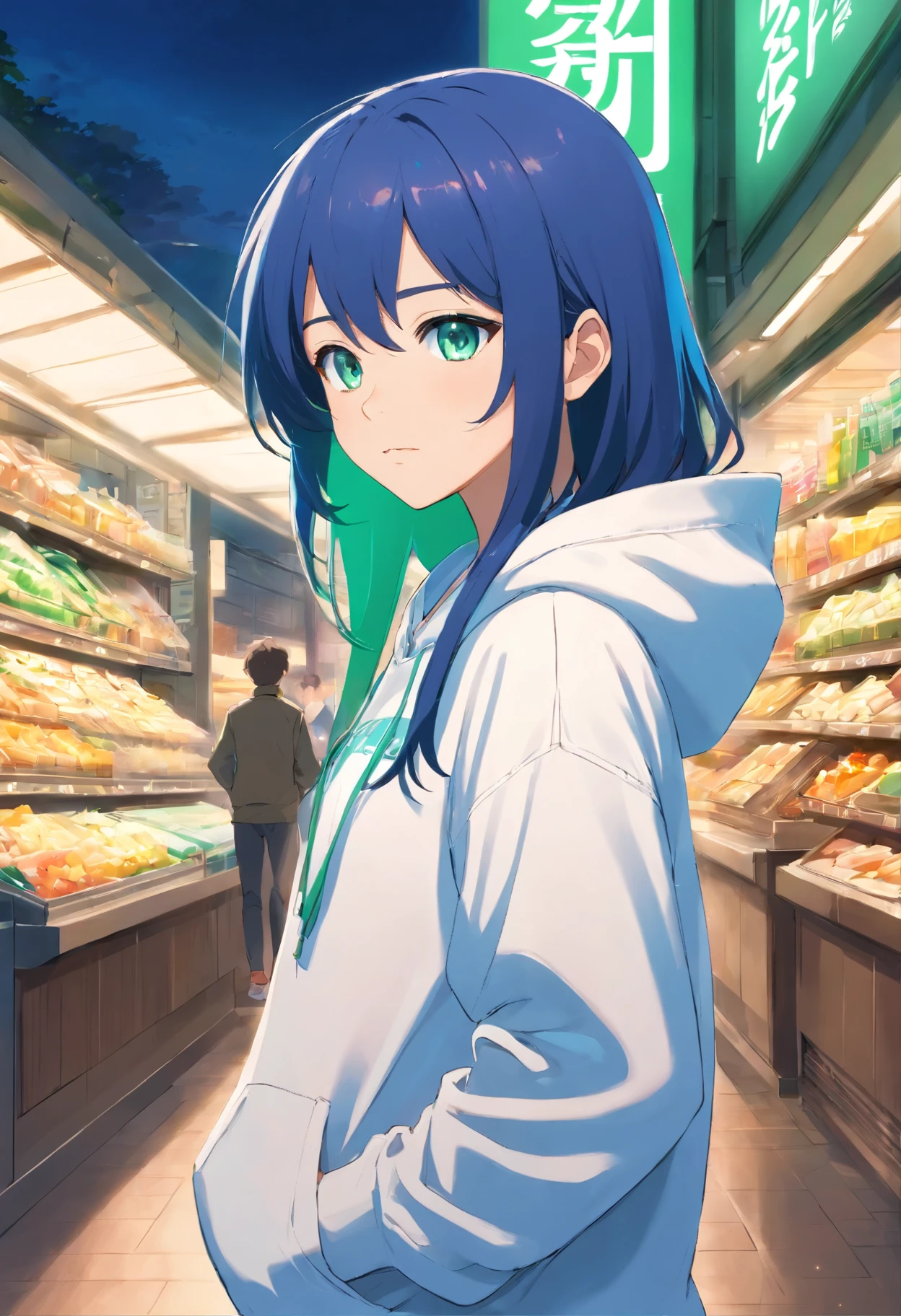 1 girl, Family Mart theme, Family Mart style, Blue long hair, White hoodie, Green eyes