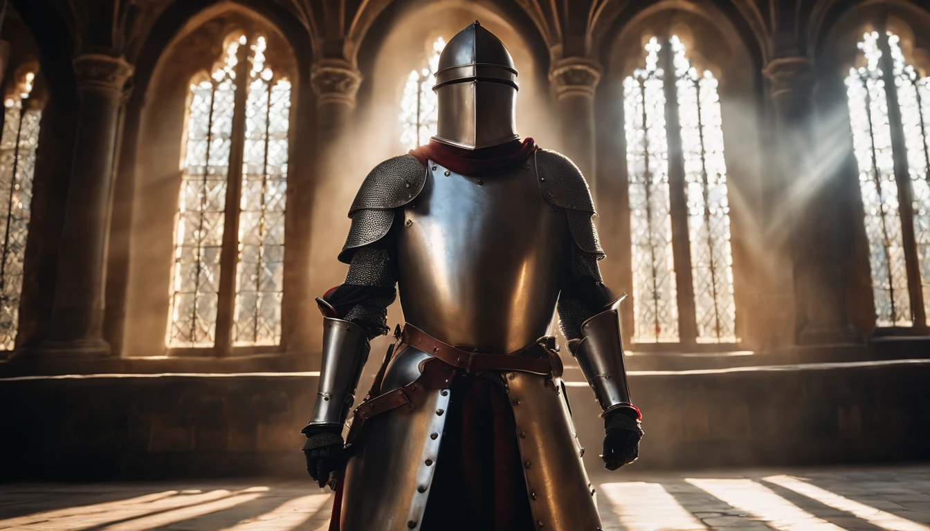 burgundian 16th century knight in full plate decorated parade gleaming armor inside a gothic style castle hall, rays of sunlight passing through the windows, cinematic, hdr, high quality, Intricate details