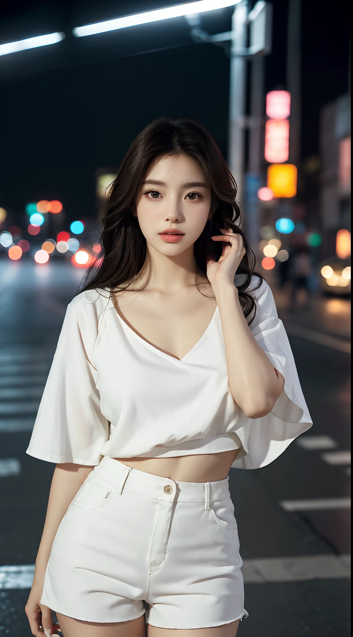 {{4k}}, 16k, masterpiece, RAW photo, best quality, detail:1.2), photorealistic, extremely detailed CG unity 8k wallpaper, break, {{extremely beautiful face}}, beautiful lips, beautiful eyes:1.3), cinematic light, ultra high res, 1girl, korean office ladies, white split skirt, necklace, realistic, white long sleeves unbuttoned shirt, off shoulder, bracelet, short wavy hair, ring, parted lips, lips, full body shot, on the street, wide photoshoot