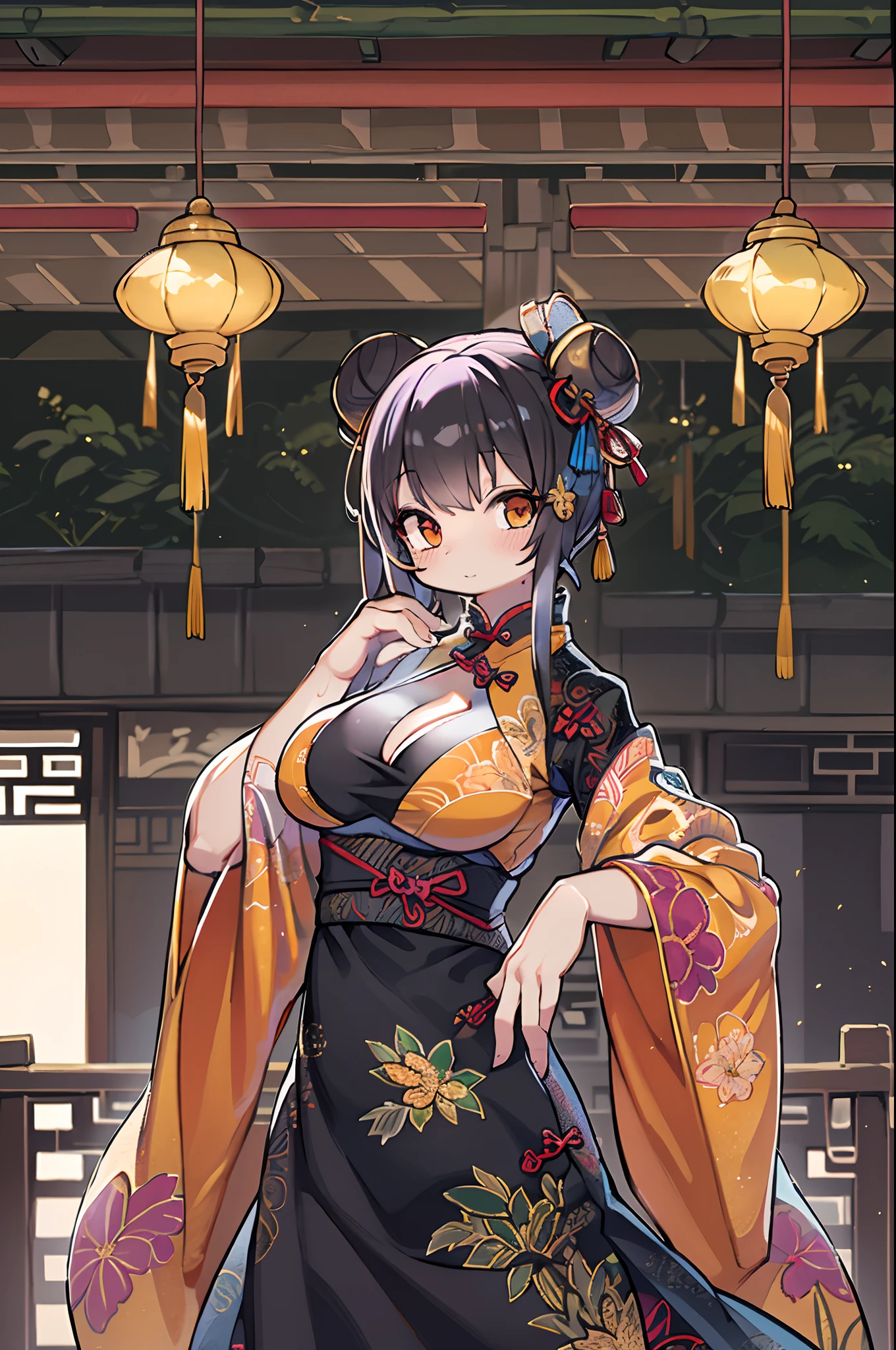 Best Quality, masutepiece, hight resolution,1girl in, china hanfu,Background of Chinese Architect,Chinese Bang Black Shorthair,Bun cover,qipao dress, long-one-piece dress,Tight mini skirt, Gold Decoration Dresses, Sleeveless, super detailed dress,cleavage, cleavage cutout, Clothes clippings chibi