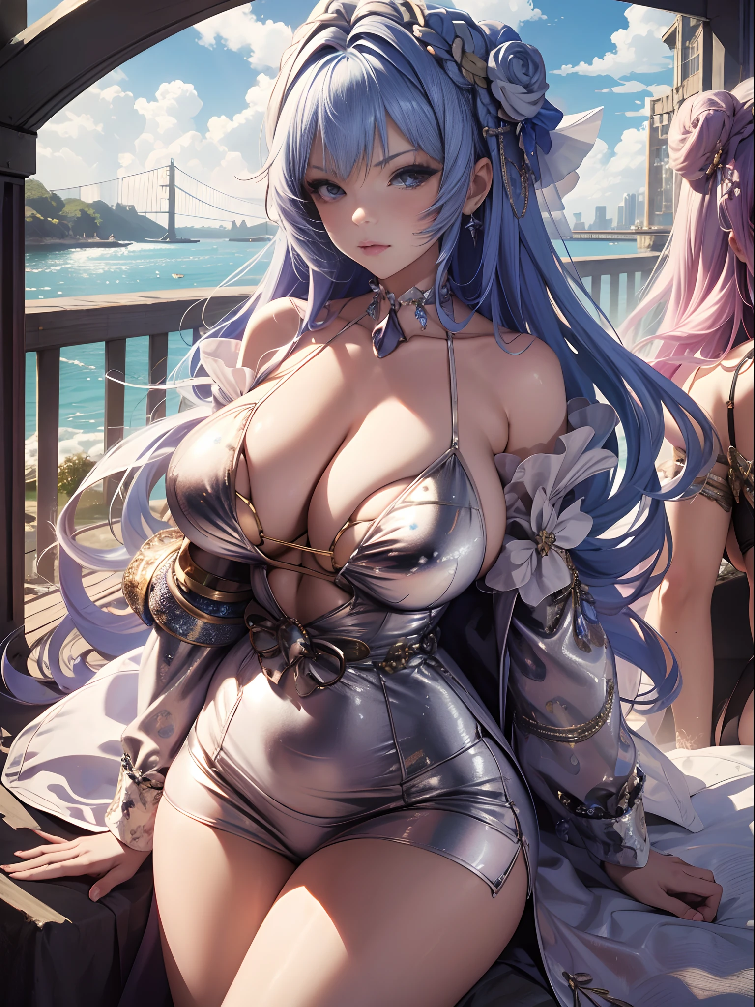 star-shaped bule pupils，+_+，symbol-shaped pupils，sparkle eyes）），（Enrich the picture，Masterpiece level quality），Exquisite 8KCG artwork，Three goddess-like figures，sittinng on the river，Postural exercises，Slim and soft，Translucent skin，Green hair、The beauty of extra-long hair, Super Long Straight Hair，The skin is fair and juicy，Oversized big breasts blue bikini miniskirt uniform，Perspective Part 1.2x enhanced silhouette effect，Exquisite transparent blues pattern in pajamas，The details are intricate and exquisite，The background is slightly blurred，Charming and lustful leg seduction，Drool，Extra-large big breasts，Blush，Koreainsta Goddess，Perfect body slim curves，Scene by the sea，The three goddesses sat together，Japan goddess，