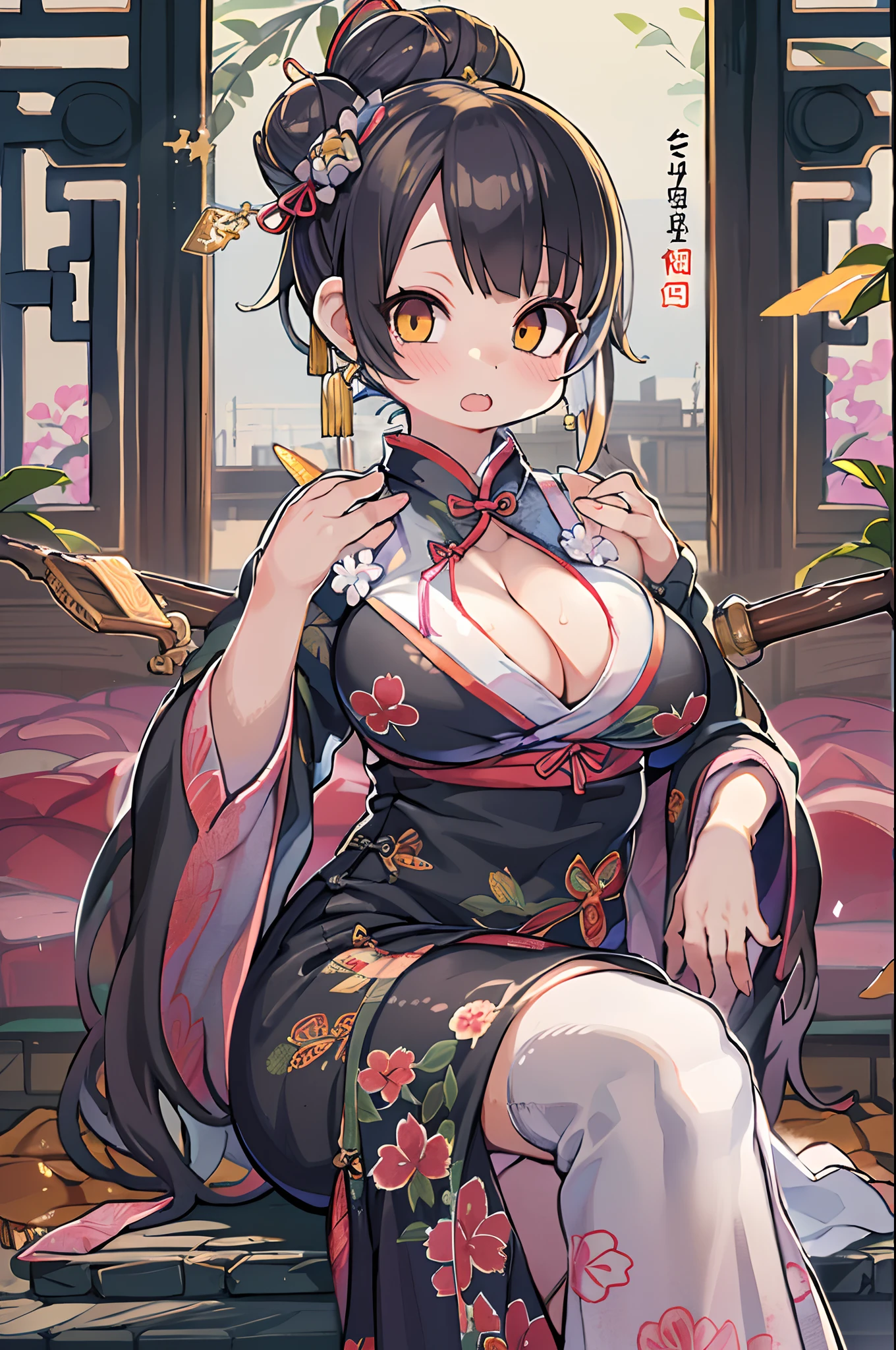 Best Quality, masutepiece, hight resolution,1girl in, china hanfu,Background of Chinese Architect,Chinese Bang Black Shorthair,Bun cover,qipao dress, long-one-piece dress,Tight mini skirt, Gold Decoration Dresses, Sleeveless, super detailed dress,cleavage, cleavage cutout, Clothes clippings chibi