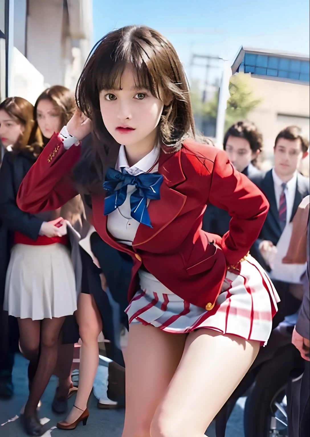 girl in a short skirt and red blazer posing for a picture, a hyperrealistic schoolgirl, seductive girl, hyperrealistic schoolgirl, beautiful high school girl, attractive girl, detailed, fear and ashamed expression