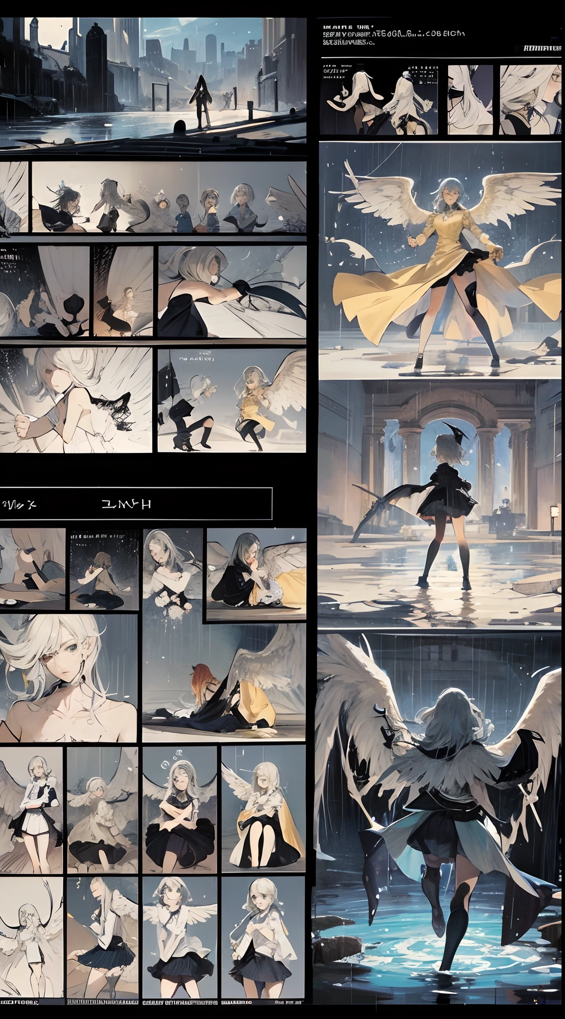 comic strip，Cartoon Split，Storyboard，Demons and angels fight，raining day，water bloom，standing water