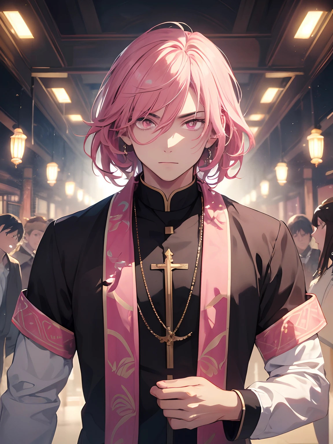 1man, solo, male focus, tmasterpiece, fantasy world, mysterious, handsome, pink hair, pink eyes, highest quality digital art, Stunning art, stunning art, wallpaper 4K, 8K, 16K, 32K, absurdres, highly detailed, anime masterpiece, serene expression, anime, best anime character design, looking at viewer, (((A handsome young))), ((Teenage:1.5)), (glow pink eyes), ((Eyes have light)),upper body only, fractal art, ,priest, bishop, archbishop, inside a temple, ray tracing,