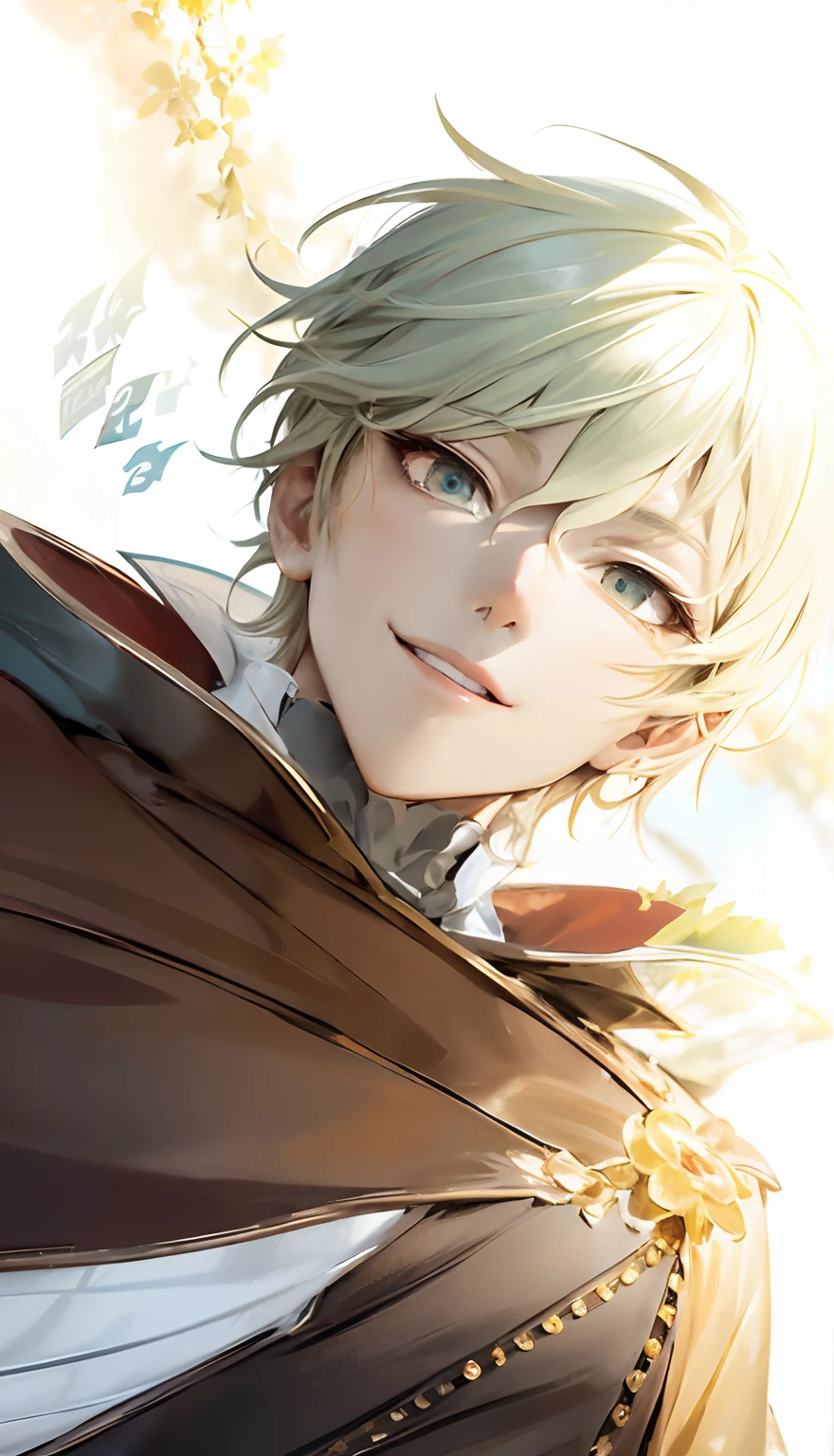 anime - style image of a man with a cape on his shoulders, beautiful prince, handsome prince, cunning smile, handsome guy in demon slayer art, portrait of magical blond prince, [[[[grinning evily]]]], his eyes are red and glowing, nagito komaeda