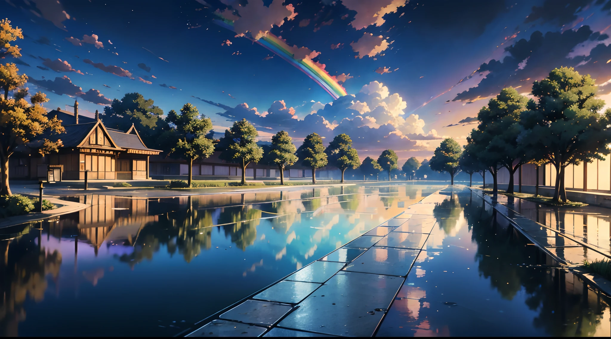 An anime-inspired scene with intricate details where children play happily in a puddle of water. Ensure the highest quality and use HDR, UHD and 64K resolution for a complex composition. Incorporate a vivid, colorful rainbow arcing across the sky. Artists: Hayao Miyazaki, Makoto Shinkai