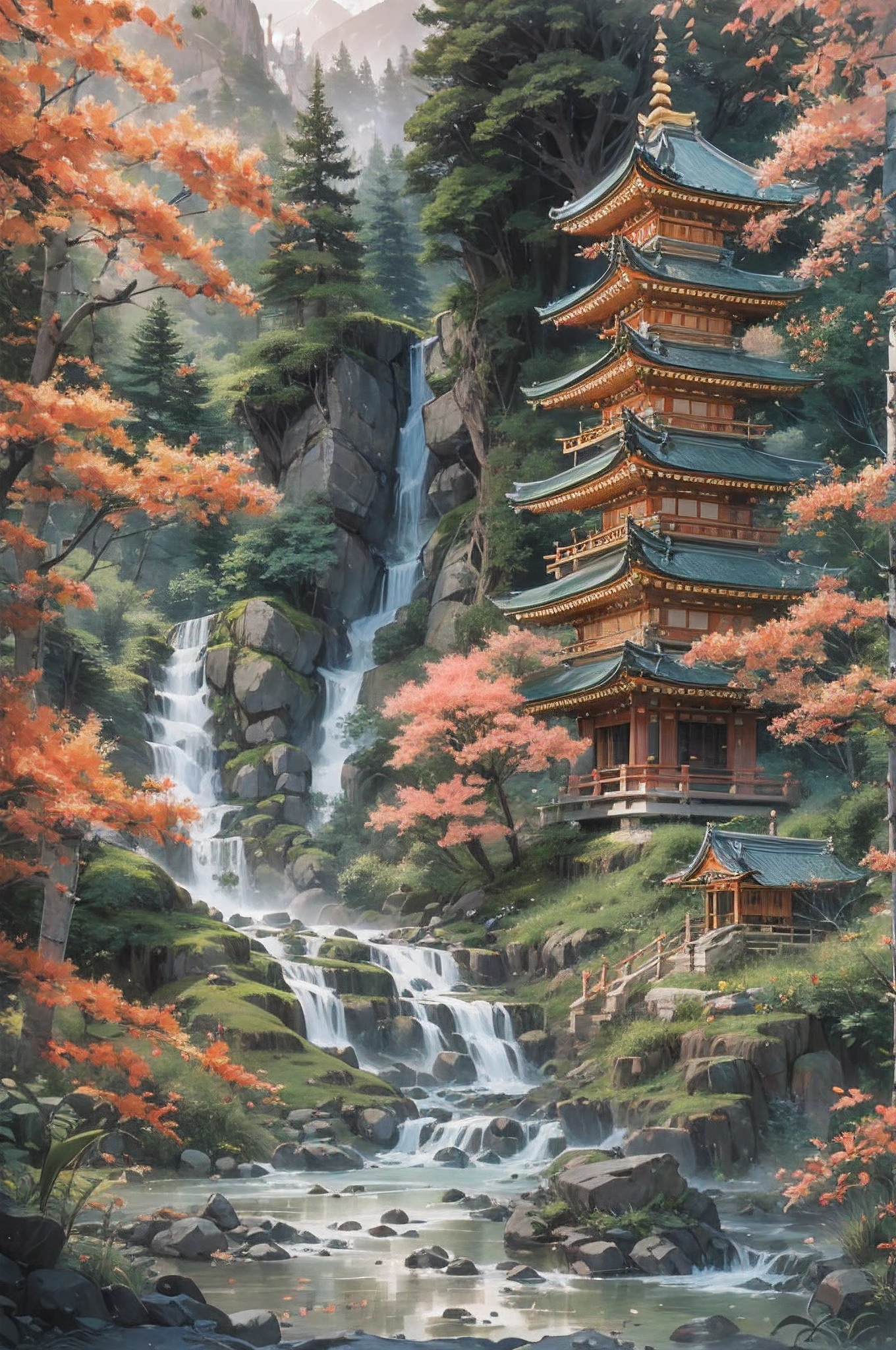 A Japanese temple in the middle of a forest. It is a kind of unexplored temple that can only be reached by passing through a steep mountain path. The appearance of the temple is solemn and the decorations are divine. People from all over the world come to see this temple. Artist uses blotting ink、Blurred the boundaries of the picture, Combination with delicate brushwork、Expressing the details of the picture. It's incredibly beautiful. Beautifully expresses the shades of black ink.