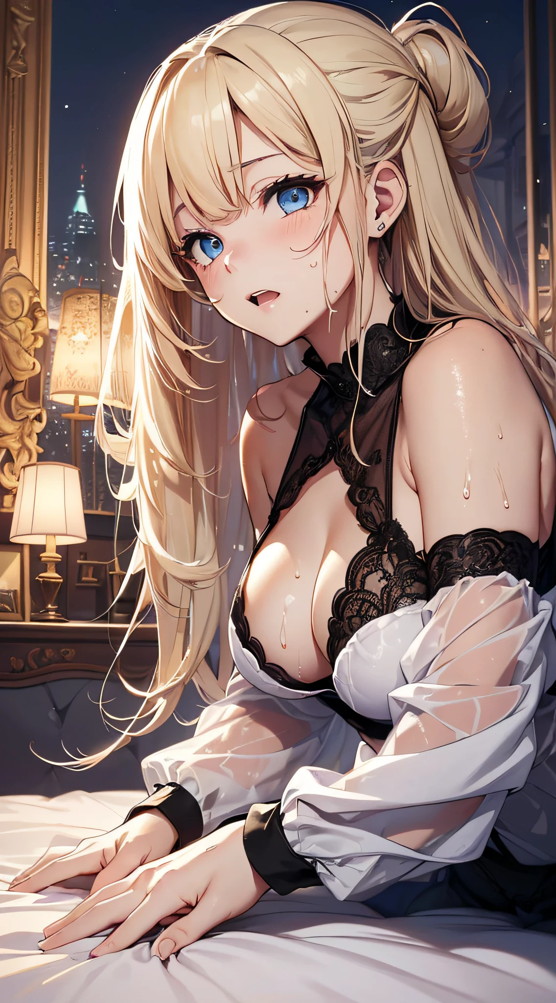 top-quality、Top image quality、masterpiece、girl with((18year old、 White underwear、Best Bust、Bust 85、a blond、Semi-long、Blue eyes、open chest wide、Valley、Happiness、Black wristband on wrist、A slender、耳Nipple Ring、the whole body is wet、wetting hair、embarassed face、On all fours、on the beds))hiquality、Camera Film Style、Background with((Beautiful room at night))、masutepiece、cool style、Elaborate design、visualart