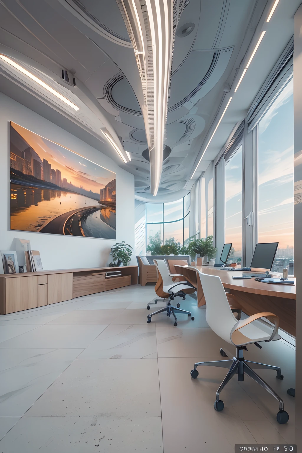office room,There is a wall in the middle of the office,The painting on the wall is in the middle, Paintings on the walls, skyscape, Large airy windows, Zaha Hadid and Santiago Calatrava landscape panoramic style, Fish, Clear light, Edge lighting, Perfect image, Building summary style, 16k UE5. superfine, 8K, hdr, Product photography, Depth of field, Nikon D850, Ultra-realistic, no contrast, clean sharp focus, professional, No blurring