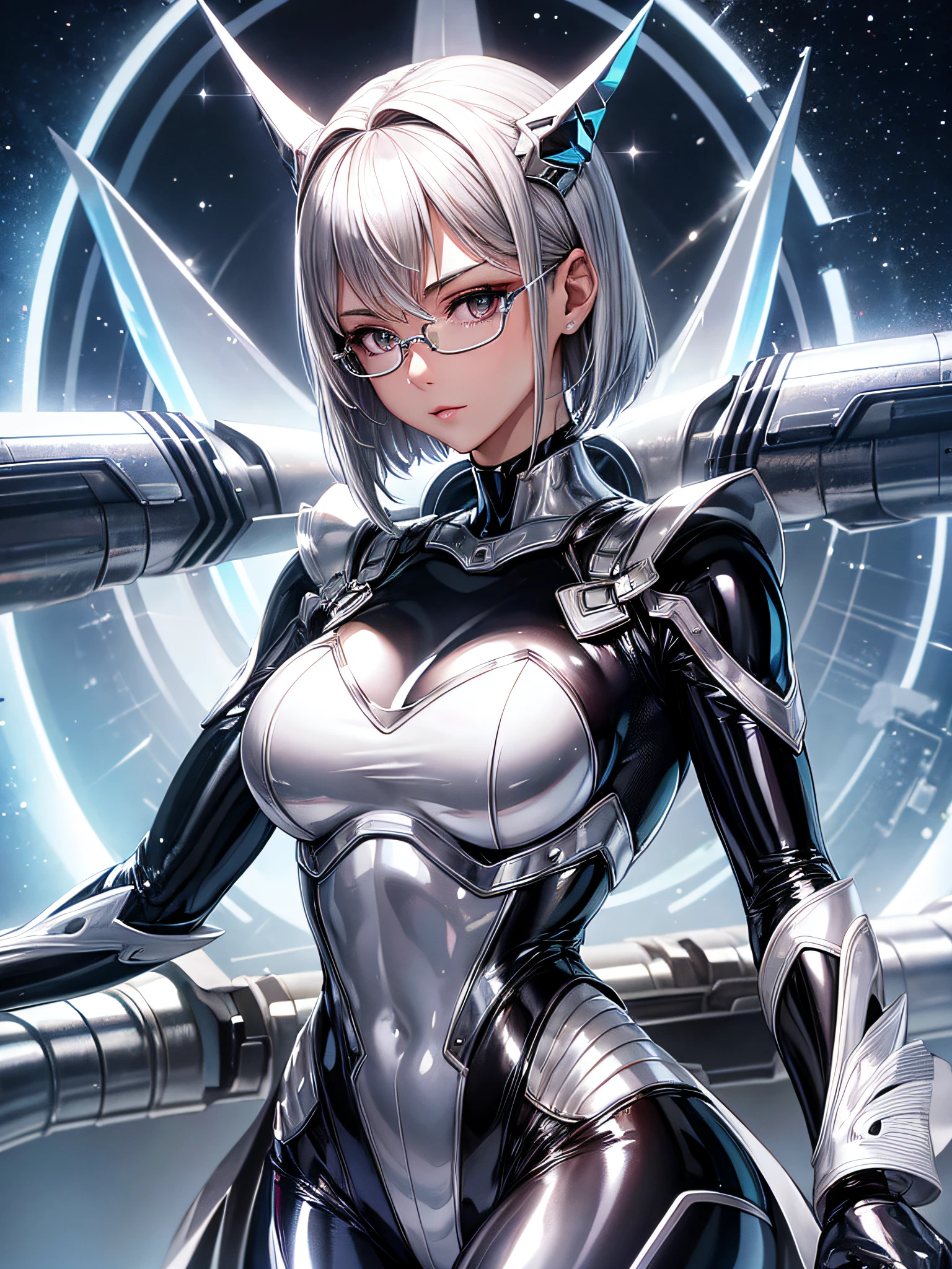 5 8K UHD、Silver short-haired muscular beauty in shiny full-body silver latex suit with glasses with arms behind her head、Beauty with shiny silver latex suit glasses with hidden skin、Lower front upper body only