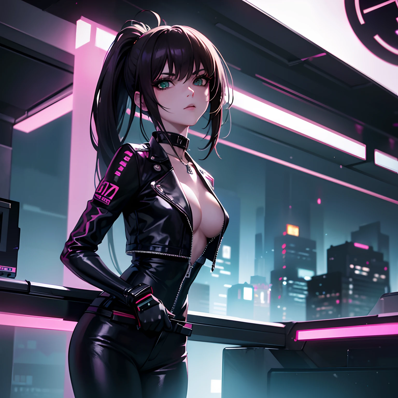 (Masterpiece, Best quality, 8K, Sharp focus, Depth of field, Best shadows, perfect lights, hdr, Realistic skin texture, Ultra detailed backgrounds), Anime style, Long angle shooting, ((Cyberpunk theme)), Solo, 1 woman, She is a mercenary, (Green eyes, White skin, brunette color hair,pony tails, choker necklace, Small breasts, Slim, Makeup, eyes liner, The sheen), She is working in a futuristic Korean city, Hold a technological katana with a strong grip, Night, sky, Waning Moon, Wear a nice tech jacket and leather pants.
