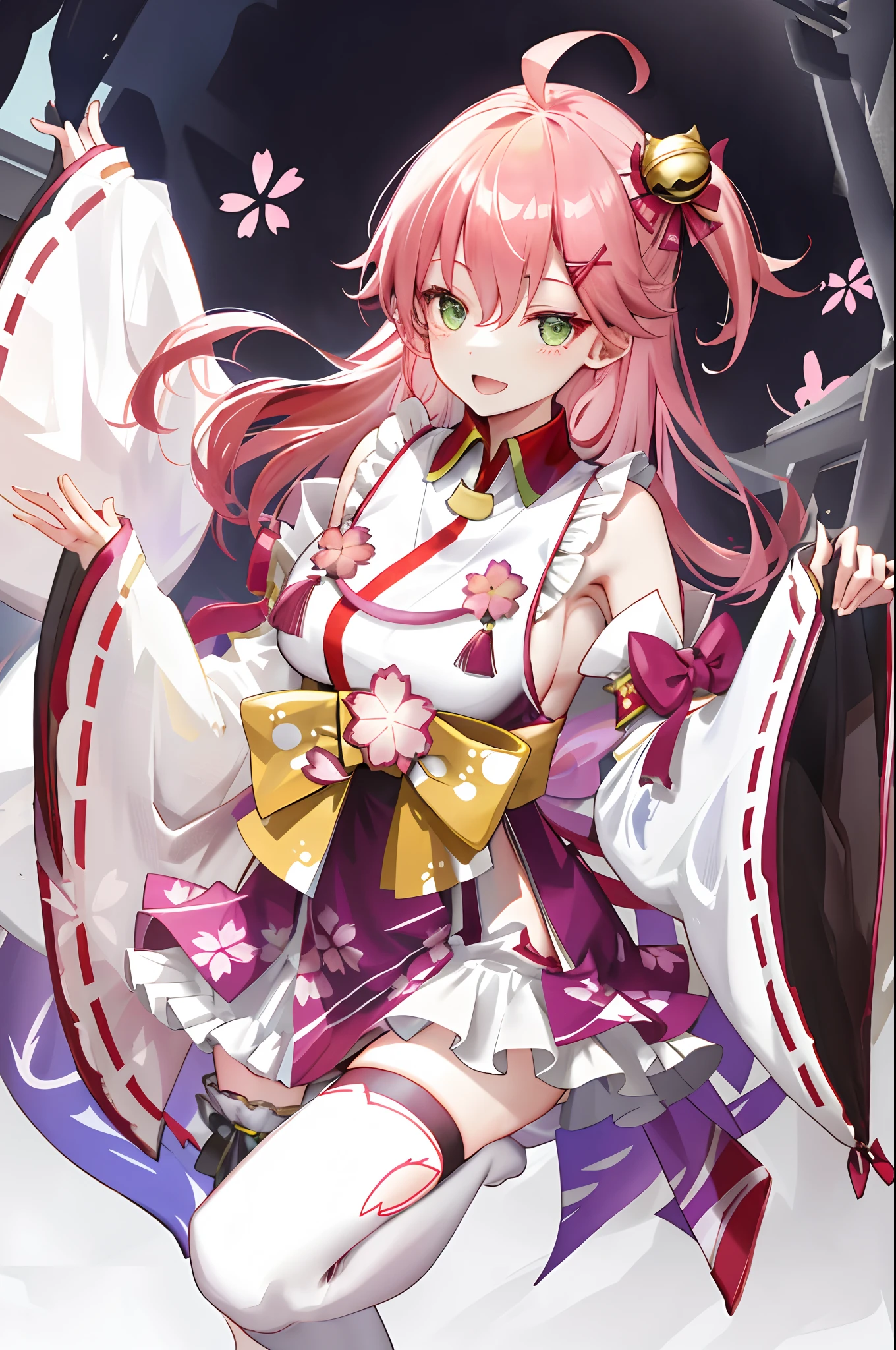 masterpiece, best quality, highres, miko1, sakura_miko, 1girl, green eyes, solo, ahoge, x_hair_ornament, pink_hair, floral print, hairclip,side_less_clothes, (sideboobs:1.4), hair_bell, floral print, long_hair, hair between eyes, one side up, white thighhighs, asymmetrical legwear, wide sleeves, open_mouth,happy,close_eyes, smile,dynamic_posing,rising_leg,plump,apart_legs,(overly_long_sleeves:1.1),(beautiful_fingers),sleeves_past_wrists,hands_hidden_sleeves