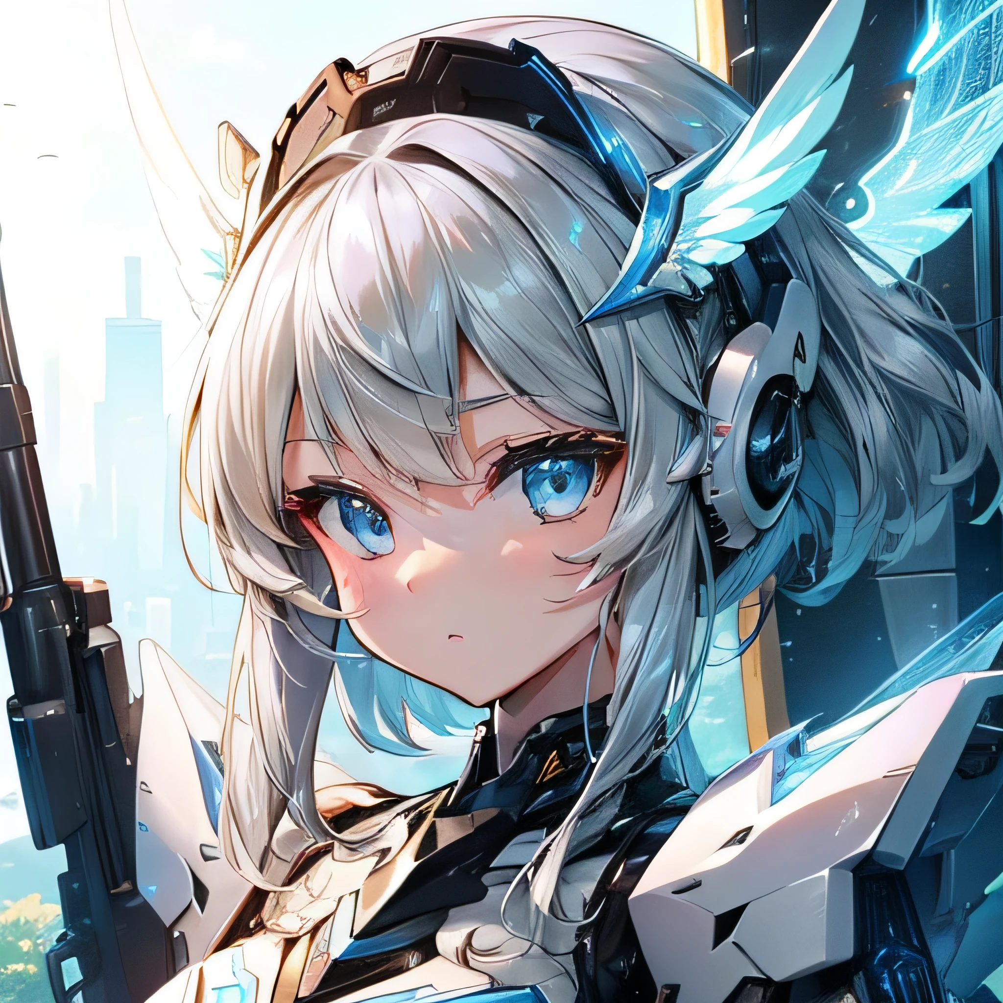 ((((Best Quality)))), (((Ultra-detailed))), ((Extremely delicate and beautiful)),(Cute and delicate face), machine wings,Equipped with a rifle,Mecha Girl