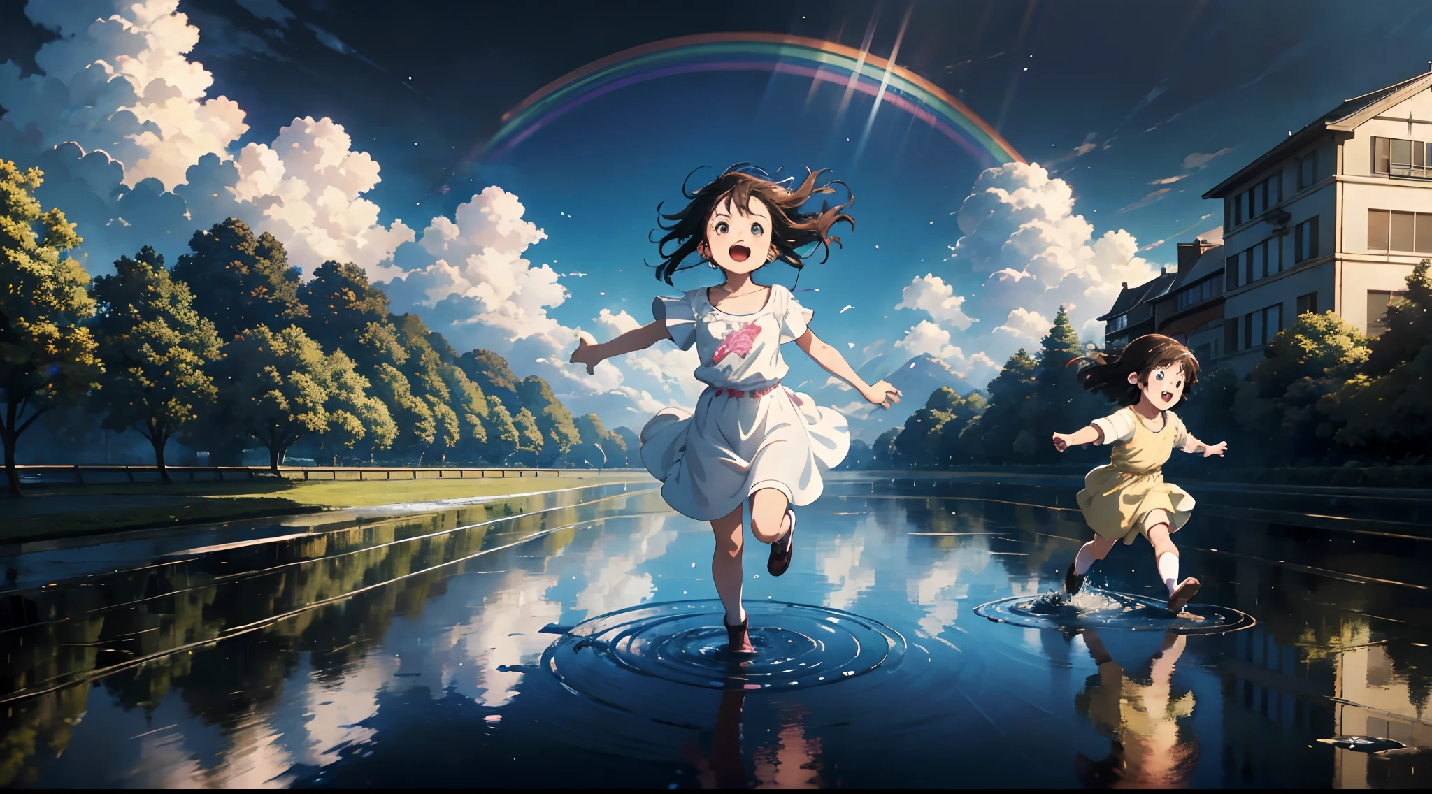Produce an exciting anime masterpiece featuring the innocent joy of children as they splash around in a puddle. Emphasize the dynamic fun of the scene with the best possible HDR and UHD quality. Ensure the rainbow is a dazzling and prominent element, adding a touch of magic to the composition. Artists: Studio Ghibli (as studio reference), Akihiko Yoshida