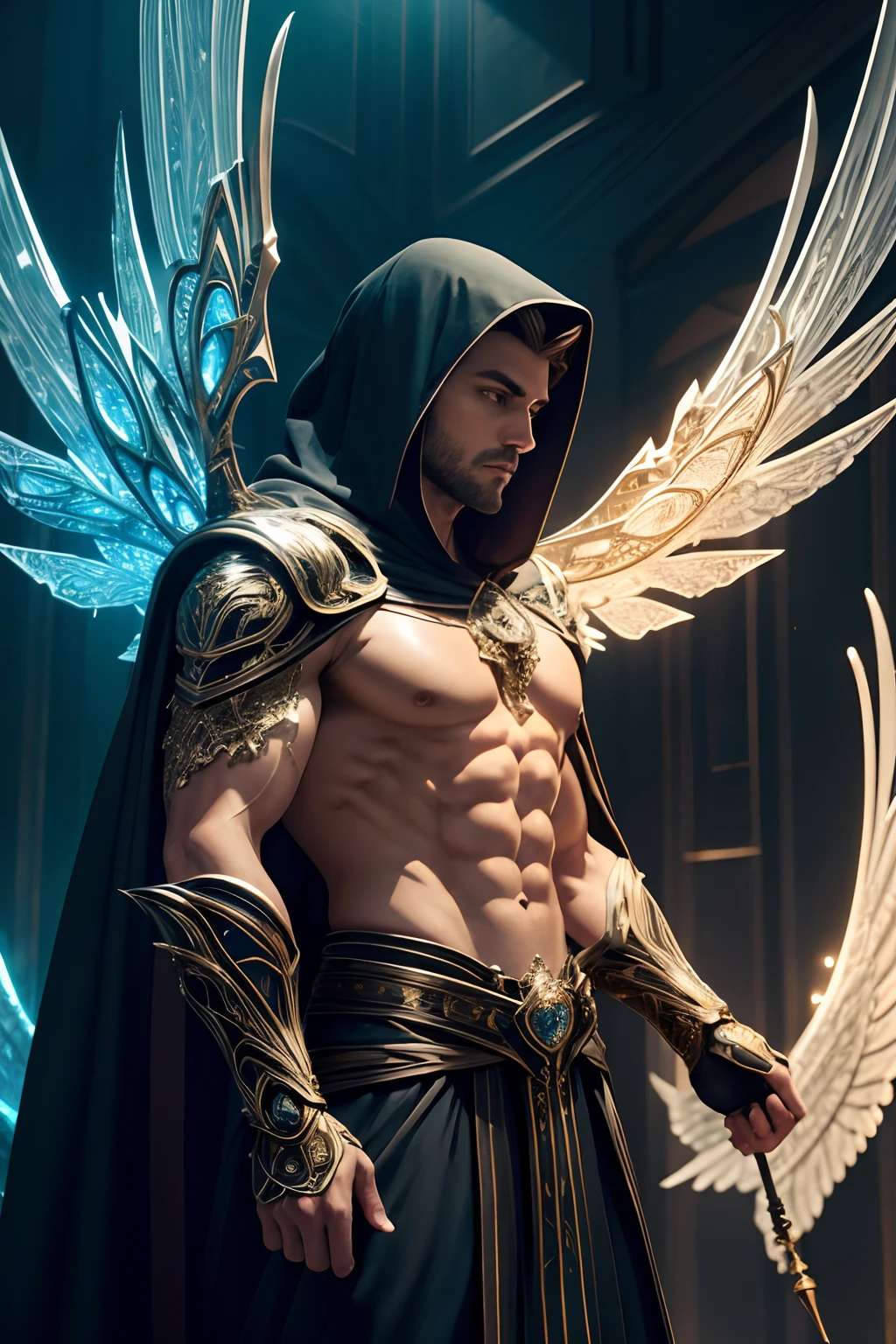 body made of biomechanical humanoid, their body a combination of glass and mechanics, each part of their body a unique blend of transparent glass, realistic, masterpiece, intricate details, detailed background, depth of field, photo of a handsome (man), fr4ctal4rmor, wearing fractal wizard robe, (dynamic pose), ((fighting stance)), wings, fantasy background, cinematic composition, sharp focus, pectorals, abs, cloak, hood, holding staff, side view, close up, This scene is set in a 4K-rendered world with meticulous detail, realistic lighting something that even doesn't exist, mythical being, energy, molecular, textures, iridescent and luminescent scales, breathtaking beauty, pure perfection, divine presence,