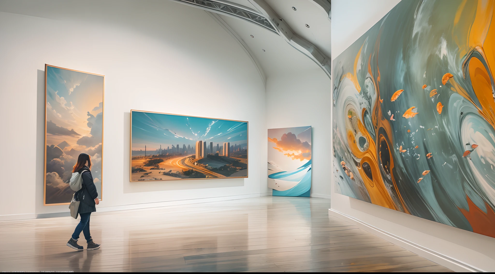 Art exhibitions,There is a wall in the middle of the exhibition hall,The painting on the wall is in the middle, Paintings on the walls, skyscape, Large airy windows, Zaha Hadid and Santiago Calatrava landscape panoramic style, Fish, Clear light, Edge lighting, Perfect image, Building summary style, 16k UE5. superfine, 8K, hdr, Product photography, Depth of field, Nikon D850, Ultra-realistic, no contrast, clean sharp focus, professional, No blurring