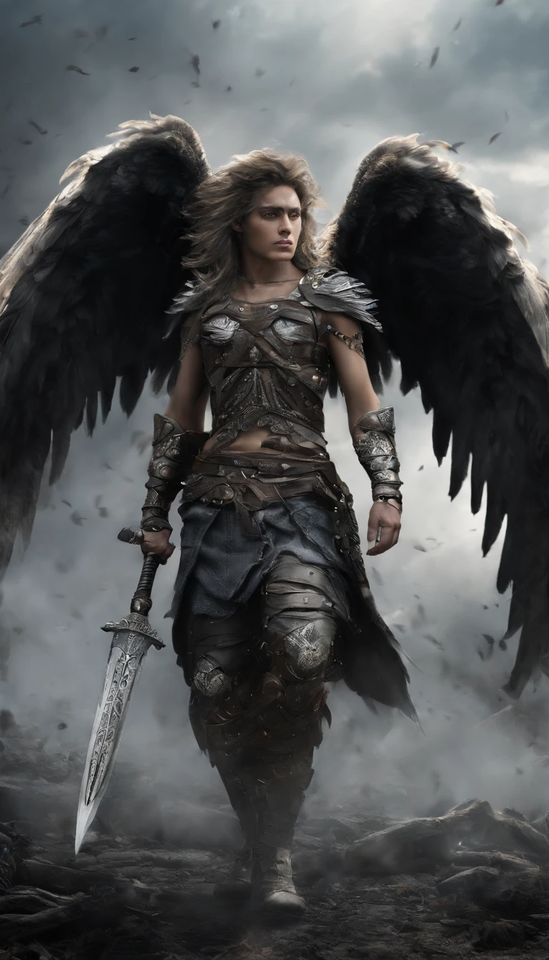 Ultra-realistic: A warrior with wings spread a gloomy, dark smoke setting , clear face