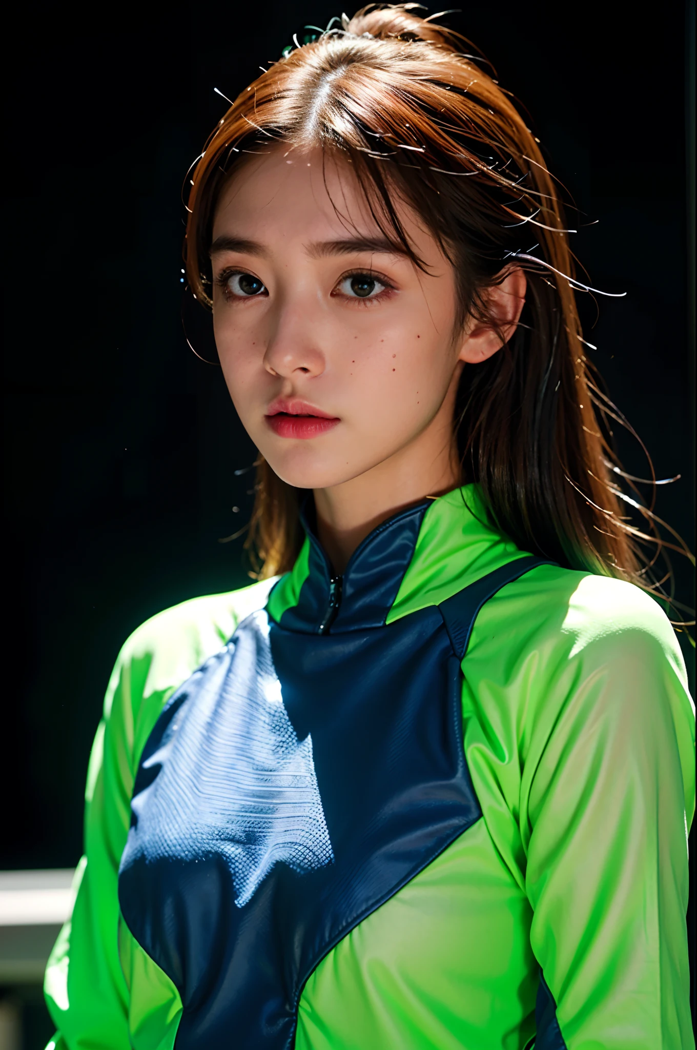 (Small grain:0.5), motion picture,youthful, outer space, serious, detailed eyes, detailed face, Futuristic clothing details, Lights in clothes, (Aim the gun..:1.1), (concealment:1.1), (sideways glance:1.1), volumetric light, solitude, light, Red fluorescent profile, Green Fluorescent Profile, Blue Fluorescent Profile