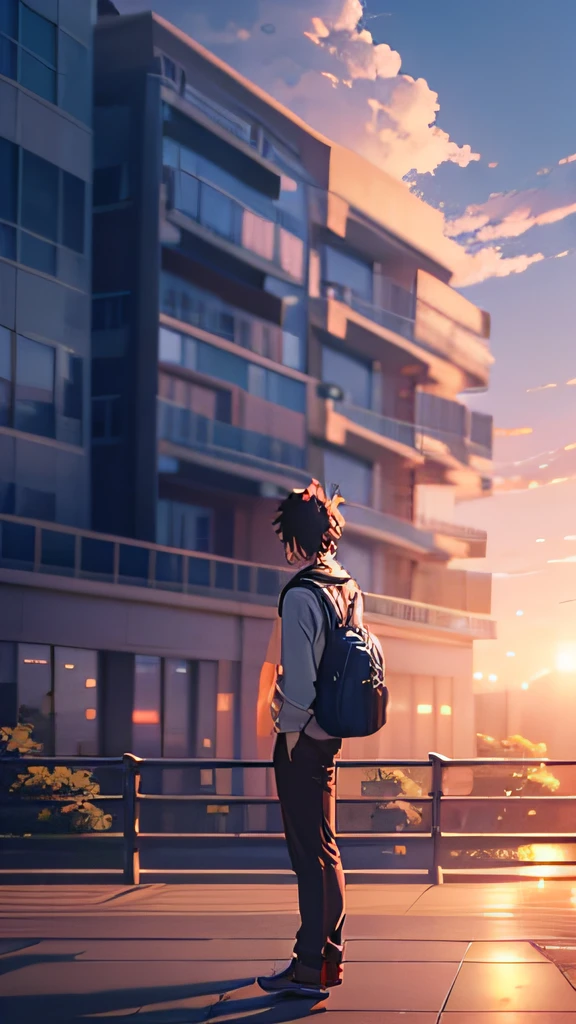 anime - style image of a collage man standing in front of a campus in the background, facing the background, makoto shinkai cyril rolando, beautiful anime scene, kimi no nawa, close up photo