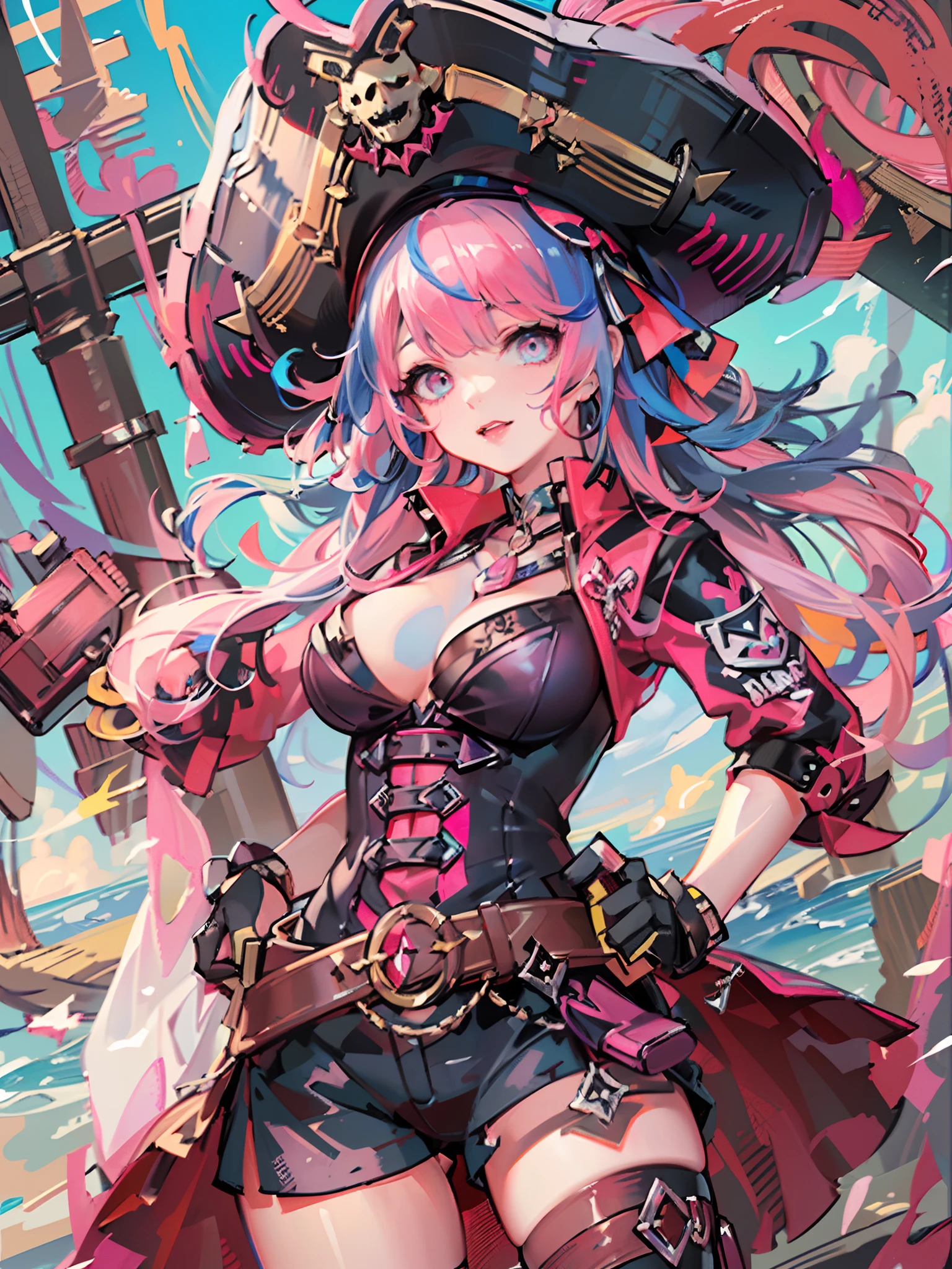 Original, very detailed wallpaper, very detailed illustrations, (1 Girl) , perfect female body, beautiful eyes, (delicate face) , (seductive expression) , eyes, impact,
pirate hat, pirate costume1.5, pirate, pirate ship, red lips, from below1.2, wide hips, lap1.3, black gloves,(rainbow color Hair, colorful hair, half blue and half pink hair:1.4)
(shiny skin) , (best lighting) , (super-complex detail) , 4K Unity, (super-detailed CG: 1.2) , (8K: 1.2), octane rendering
Dynamic, floating, luminous, League of Legends original painting, wide-angle viewing angle: 2,