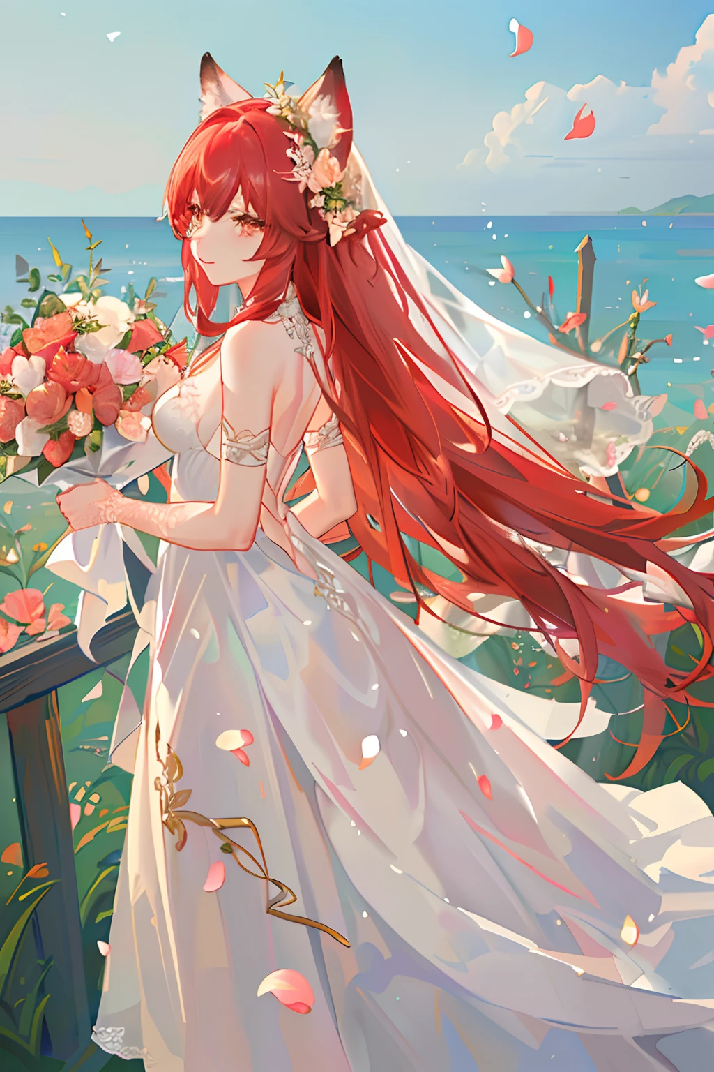 Red long-haired,Red fox ears,Golden eyes,wedding gown,flower bouquet,blossoms,flower sea,Stroll through the flower fields