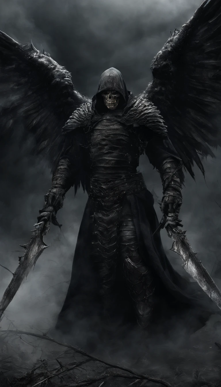 Ultra-realistic: A warrior with wings spread a gloomy, dark smoke setting , clear face