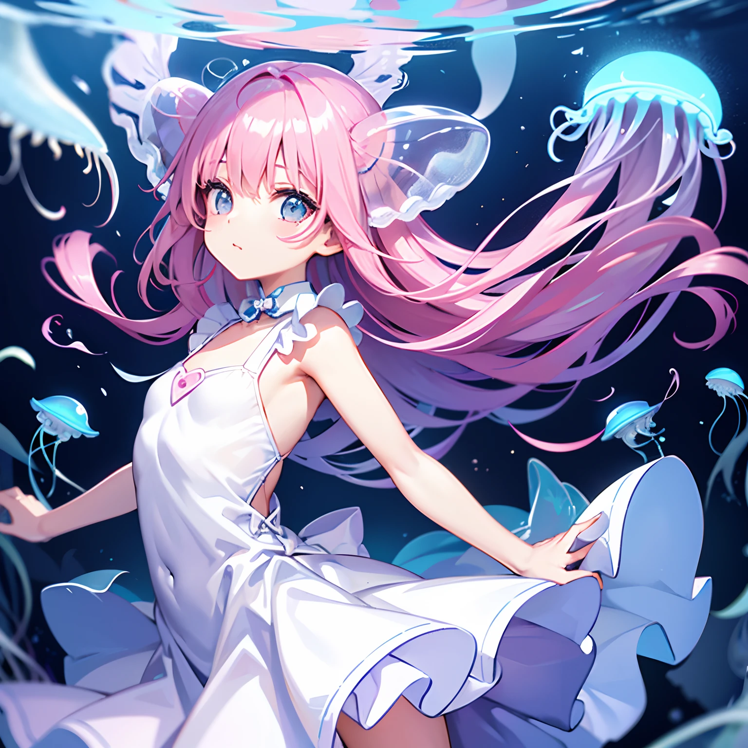 Cute girl yes,Flat chest,kawaii,(jellyfish girl:1.2), arms back behind,Underwater,frill dress,