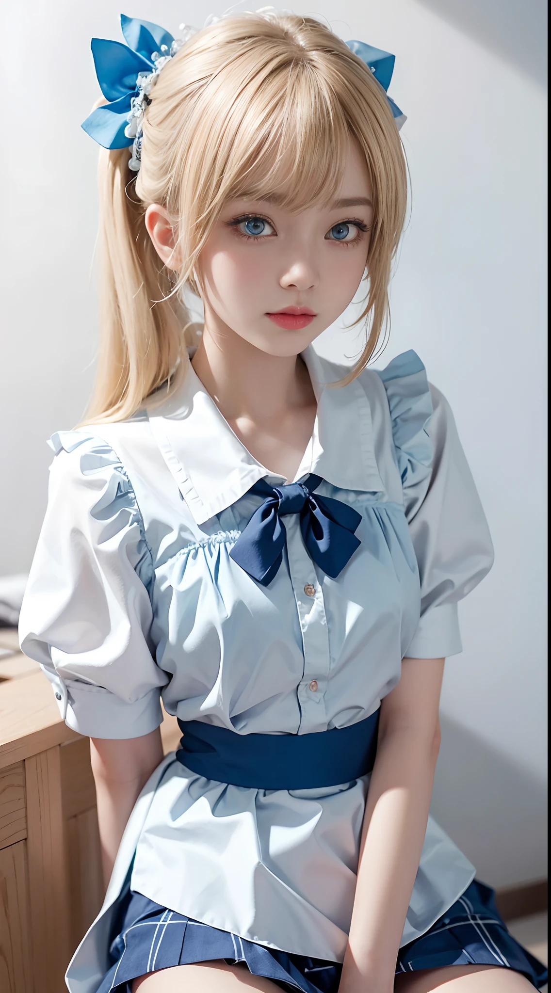 masterpiece, best quality, AiHayasakaV4, 1girl, solo, breasts, looking at viewer, blush, blue eyes, blonde hair, simple background, shirt, hair ornament, white background, hair between eyes, school uniform, white shirt, nail polish, side ponytail, v, scrunchie, hair scrunchie, blue nails, clothes around waist, blue scrunchie, shuuchiin academy school uniform