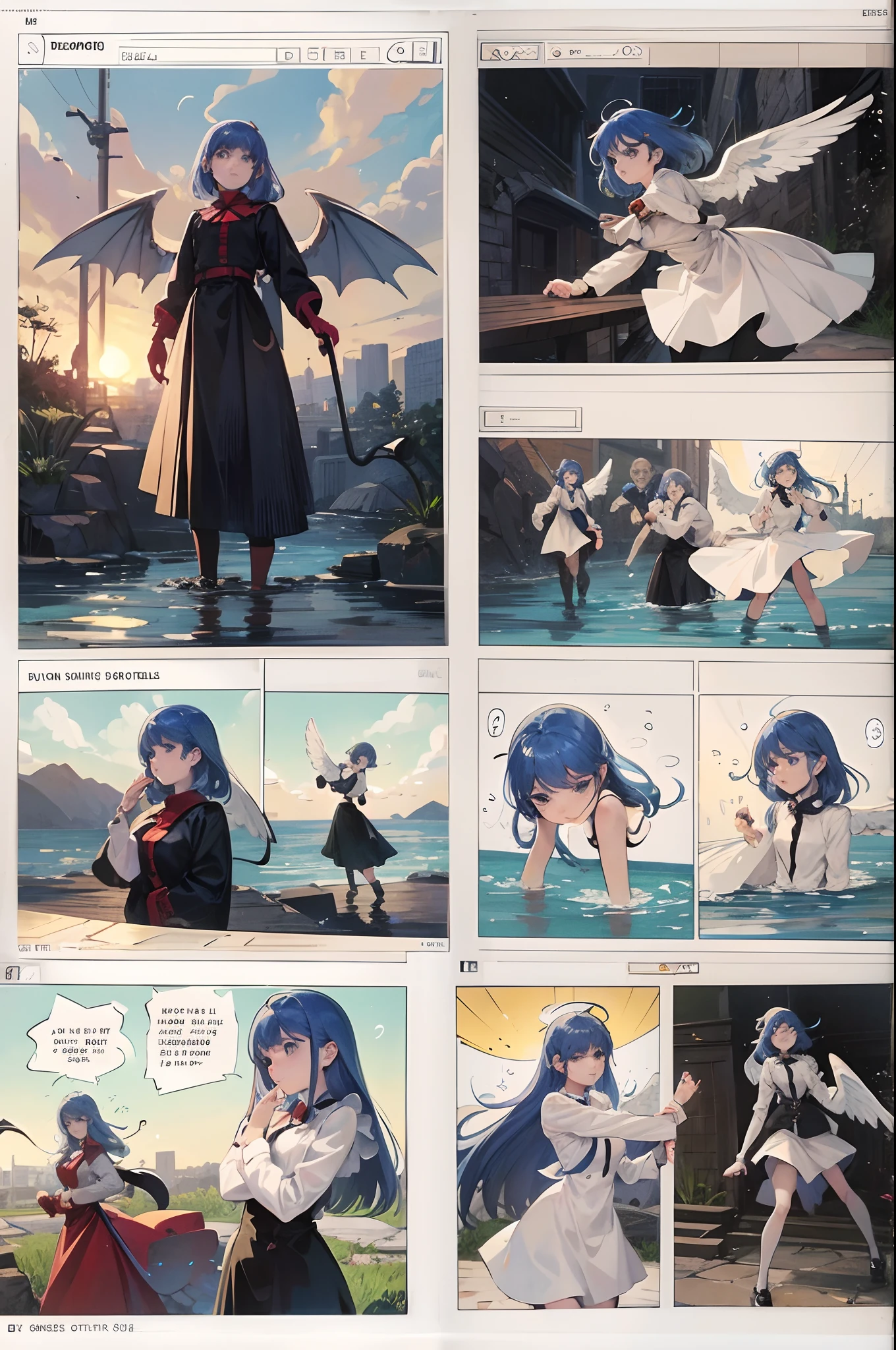 comic strip,Cartoon Split,Storyboard,Demons and angels fight,raining day,water bloom,standing water