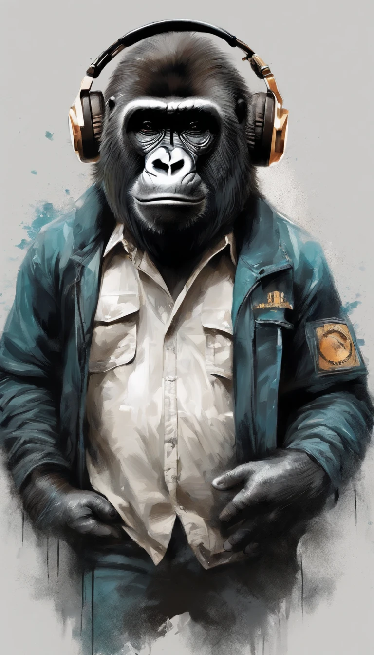 Perfect centering, Cute gorilla, Wear a student team jacket, Wearing sunglasses, Wearing headphones, cheerfulness, Standing position, Abstract beauty, Centered, Looking at the camera, Facing the camera, Approaching perfection, Dynamic, Highly detailed, Smooth, Sharp Focus, 8K, hight resolution, Illustration, art by carne griffiths and wadim kashin, White background