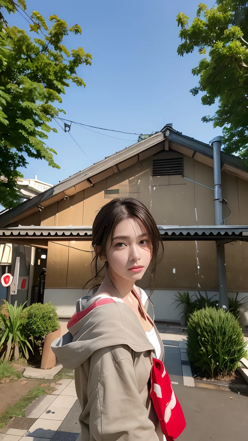 Beautiful handsome woman, ((of the highest quality, 8K, masutepiece:1.3)), Pretty Woman, 1 woman, Huge breasts:1.3, Slender figure:1.1, elastic dark brown hair, (taking shower, Wet body, Wet clothes:1.1), Very detailed face, Detailed lips, Detailed eyes, Double eyelids, on tongue