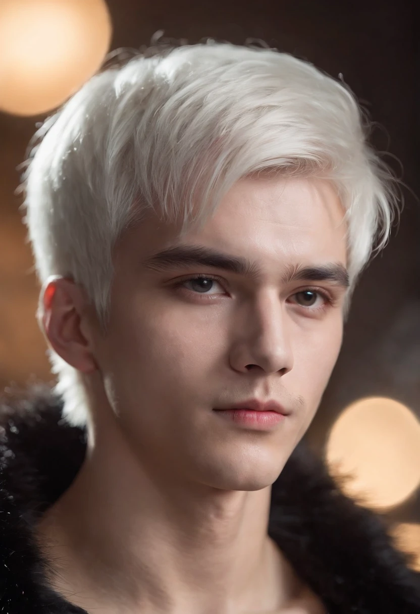 Young man, 20 years old, white hair, two block haircut , shirtless, wearing a black fur coat , reality photo, reality skin, detailed skin, glowing light eyes, Biomechanical, eerie, Creepy, nightmarish, Very bright colors, Light particles, with light glowing, Mshiff, wallpaper art, UHD wallpaper