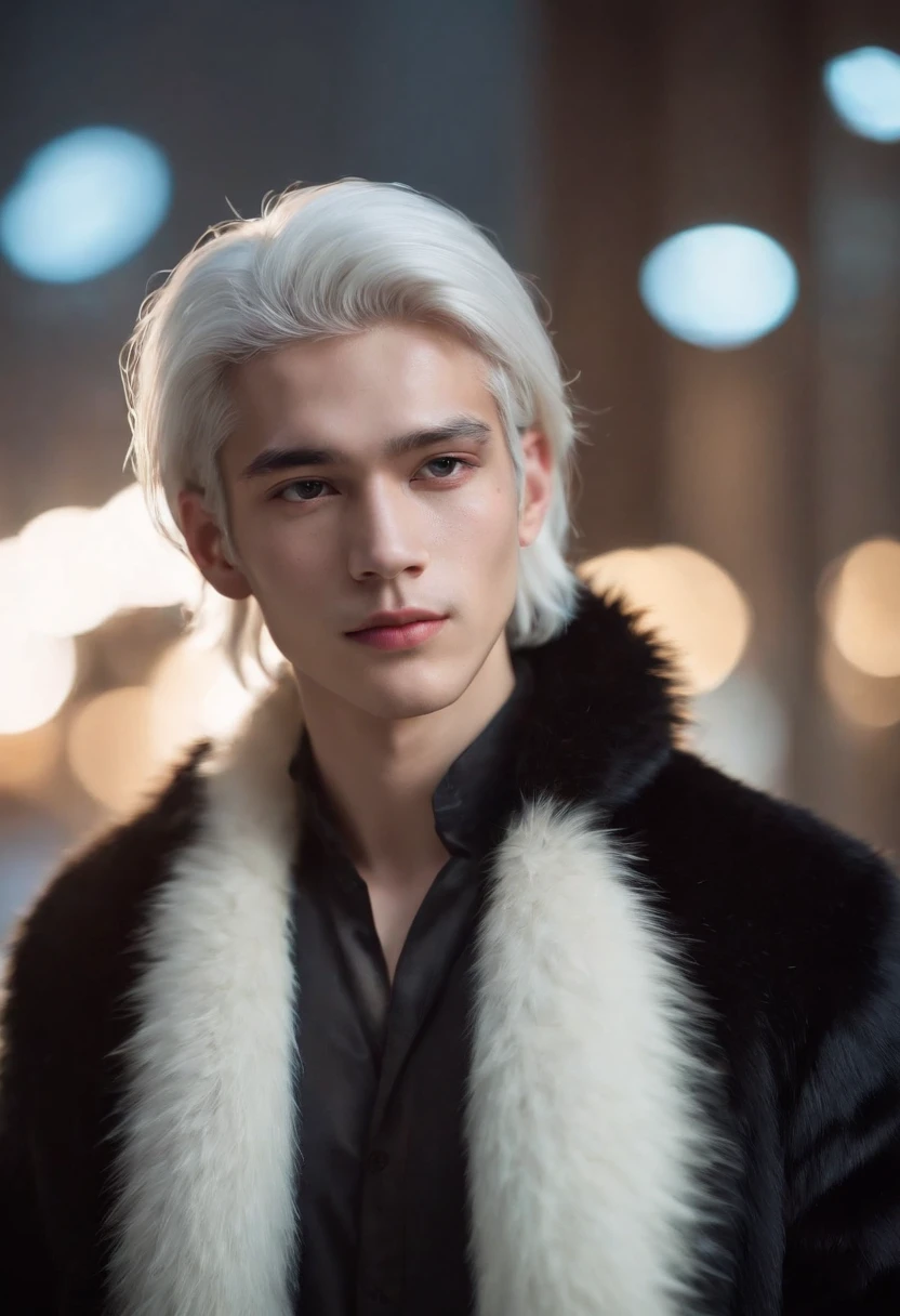Young man, 20 years old, white hair, two block haircut , shirtless, wearing a black fur coat , reality photo, reality skin, detailed skin, glowing light eyes, Biomechanical, eerie, Creepy, nightmarish, Very bright colors, Light particles, with light glowing, Mshiff, wallpaper art, UHD wallpaper