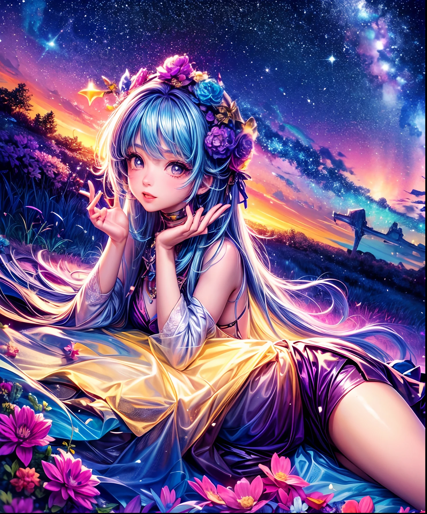 Describe a scene where a cute girl character is lying on a grassy hill, Looking up at the starry sky. Surround her with colorful nebulae and her favorite constellations.