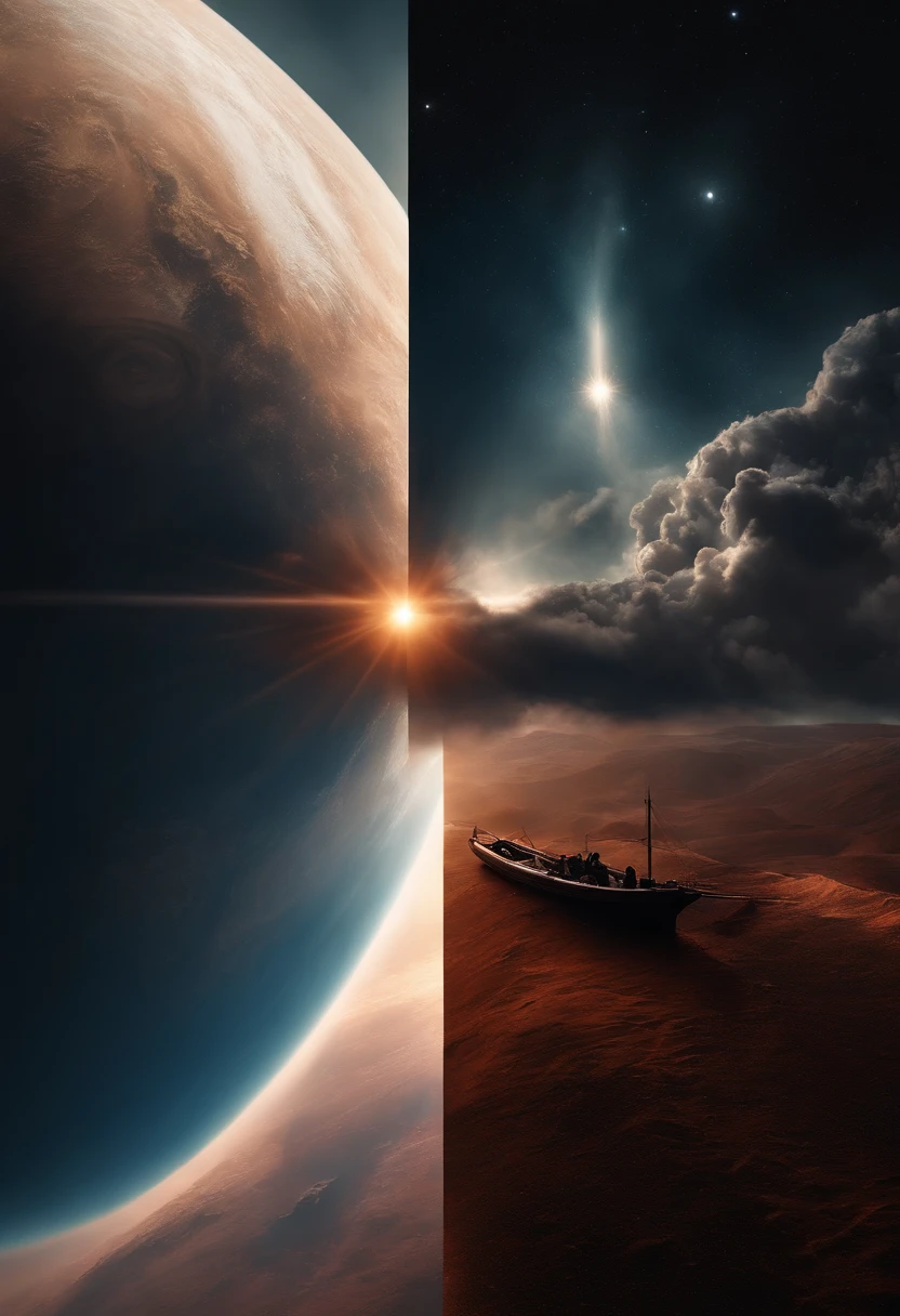 ((best quality)), ((master part)), (dramatic scene), Terra e Sol enquanto o Sol colapsa em um buraco negro, (Apocalyptic lighting:1.3), sun darkening as it implodes, (Epic composition:1.2), Terra banhada em luz vermelha, (cg animation:1.1), chamas e detritos sendo sugados, (atmosfera urgente:1.2), pessoas fugindo em navios ao redor, (cinematic mood:1.3), Clouds of nebula and galaxies in the background, (alto contraste:1.1), (8K resolution:1.0),Wujie