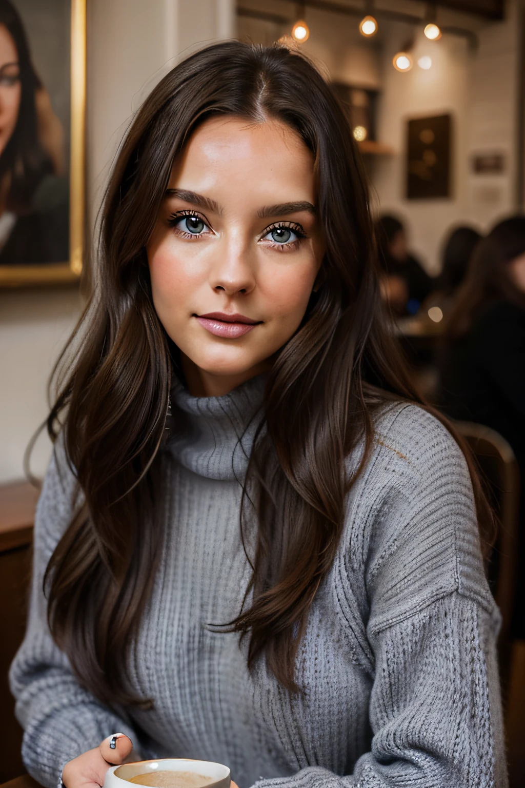 1Girl 30 years old, only, long hair, looking at viewer, brunette hair, blue eyes, jewelry, portrait, grey sweater, lips, realistic, nose, flirting with the camera, in a european coffee shop