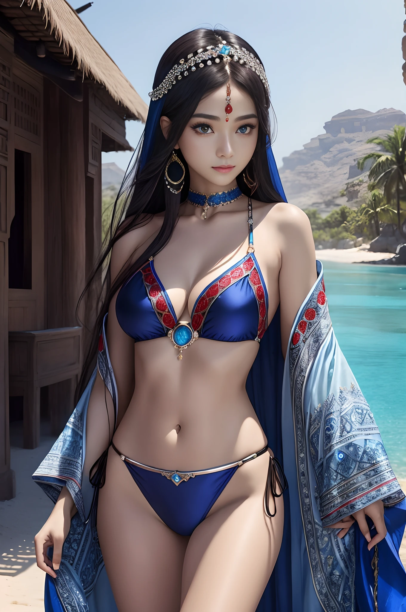 top-quality、Extremely Delicately Beautiful、(Blue and red odd eyes)、arabian clothes 、navel、silber hair、femele、(Black bikini for lower body)、((Brown skin))