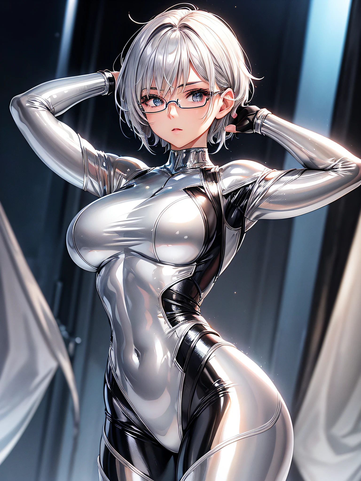 5 8K UHD、Silver short-haired muscular beauty in shiny full-body silver latex suit with glasses with arms behind her head、Beauty with shiny silver latex suit glasses with hidden skin、Lower front upper body only