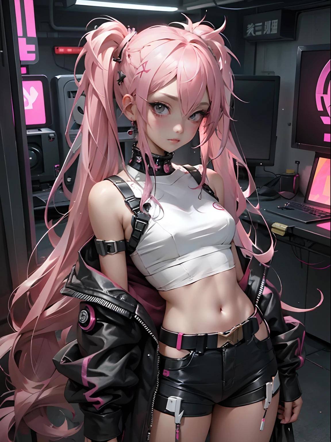 Beautiful woman pink twin tail long hair、cyberpunk style short clothes、gazing at viewer、front facing、