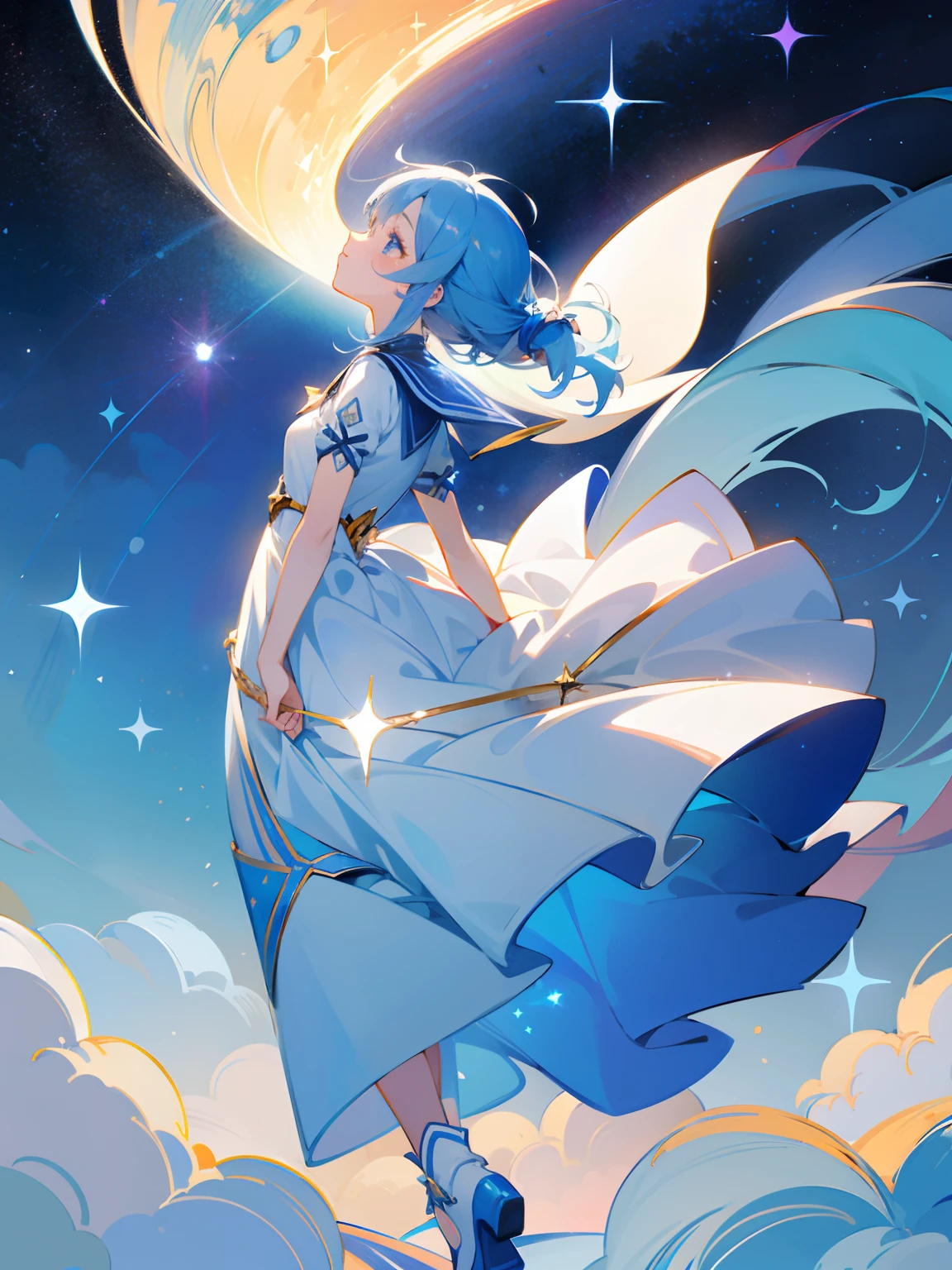 Illustration Neat and clean girl、Fantastical 、blue-sky 、Back lighting、 Gentle face、Black girl in white dress looking up at the sky、 full body Esbian、Beautiful detailed sky with shining stars,full body Esbian、Twinkle