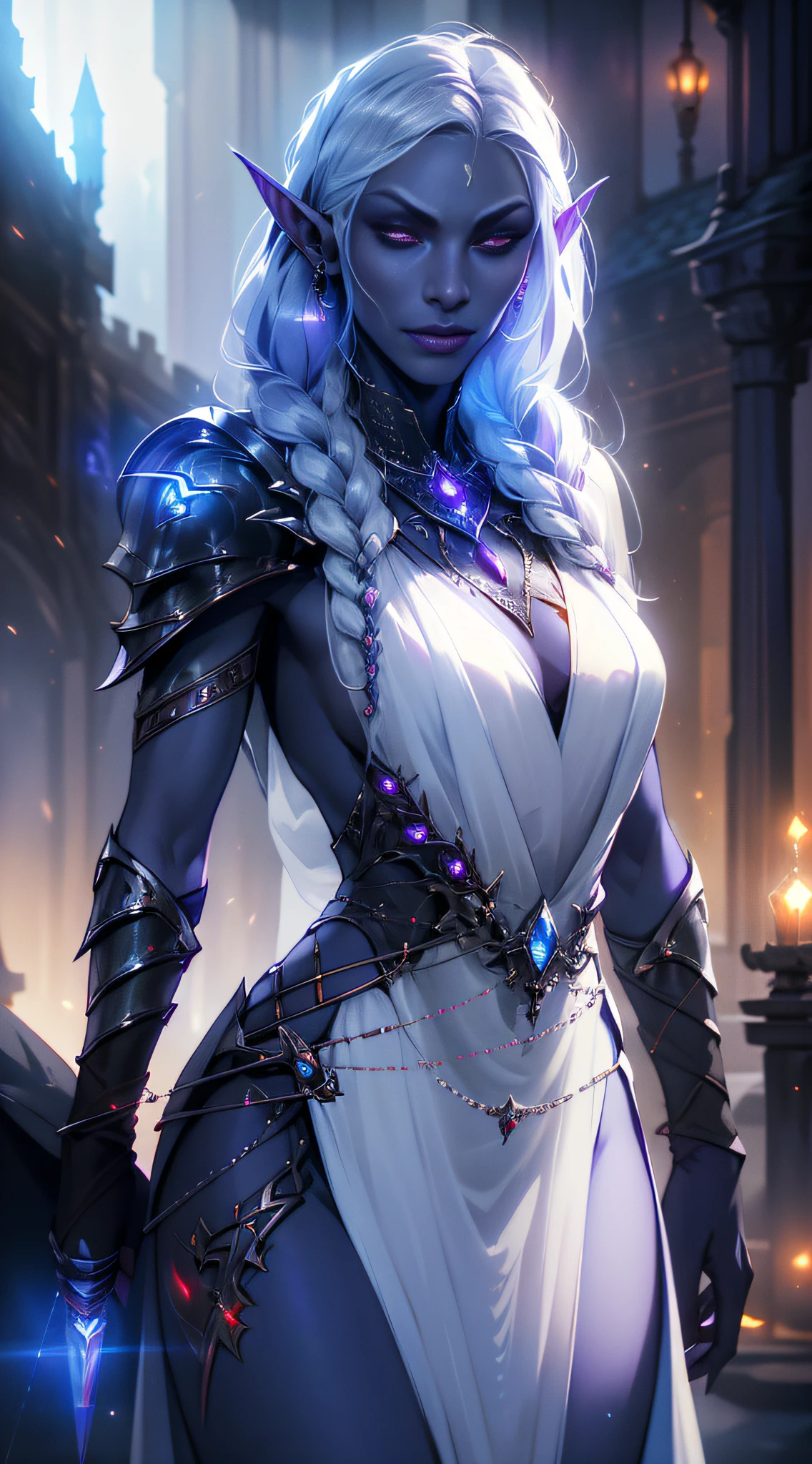 1girl, sexy drow, purple-blue skin, pale silver long elaborate braids, ((red eyes)), jewels, elf ears, earrings, ((white sorceress sexy dress)), ((wields staff)), ((cast light magic)), on a roof of scyscraper, athletic, volumetric lighting, best quality, masterpiece, realistic, anatomically correct, (strong cinematic lighting), stunning details, intricate details, 8k post-production, High resolution, super details, trending on ArtStation, sharp focus, depth of field f/1.8, studio photos, (((looking at camera)))